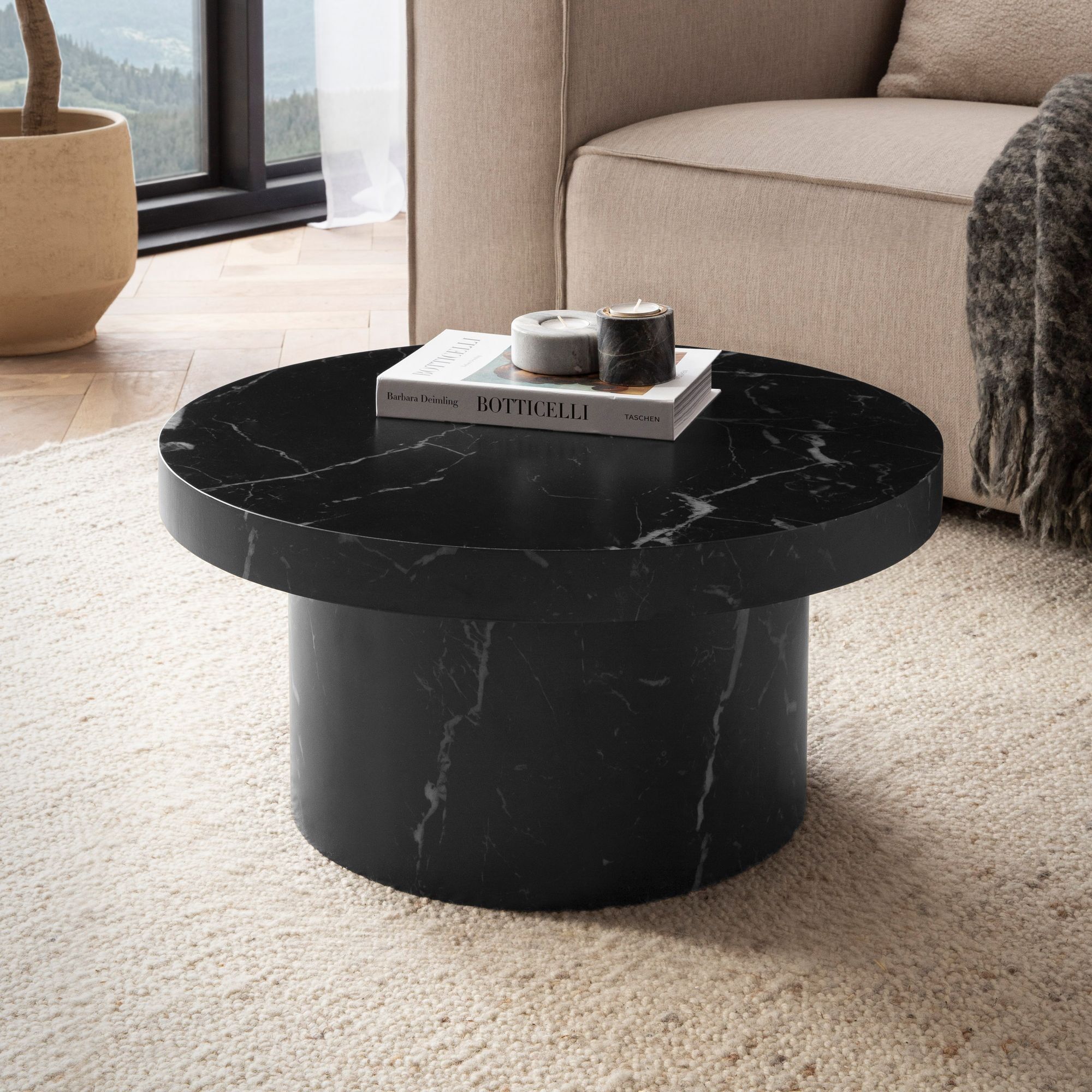Coffee table 60x60x30 cm Black coffee table in marble look Modern design coffee table Round, coffee table in mushroom shape, coffee table side table Small