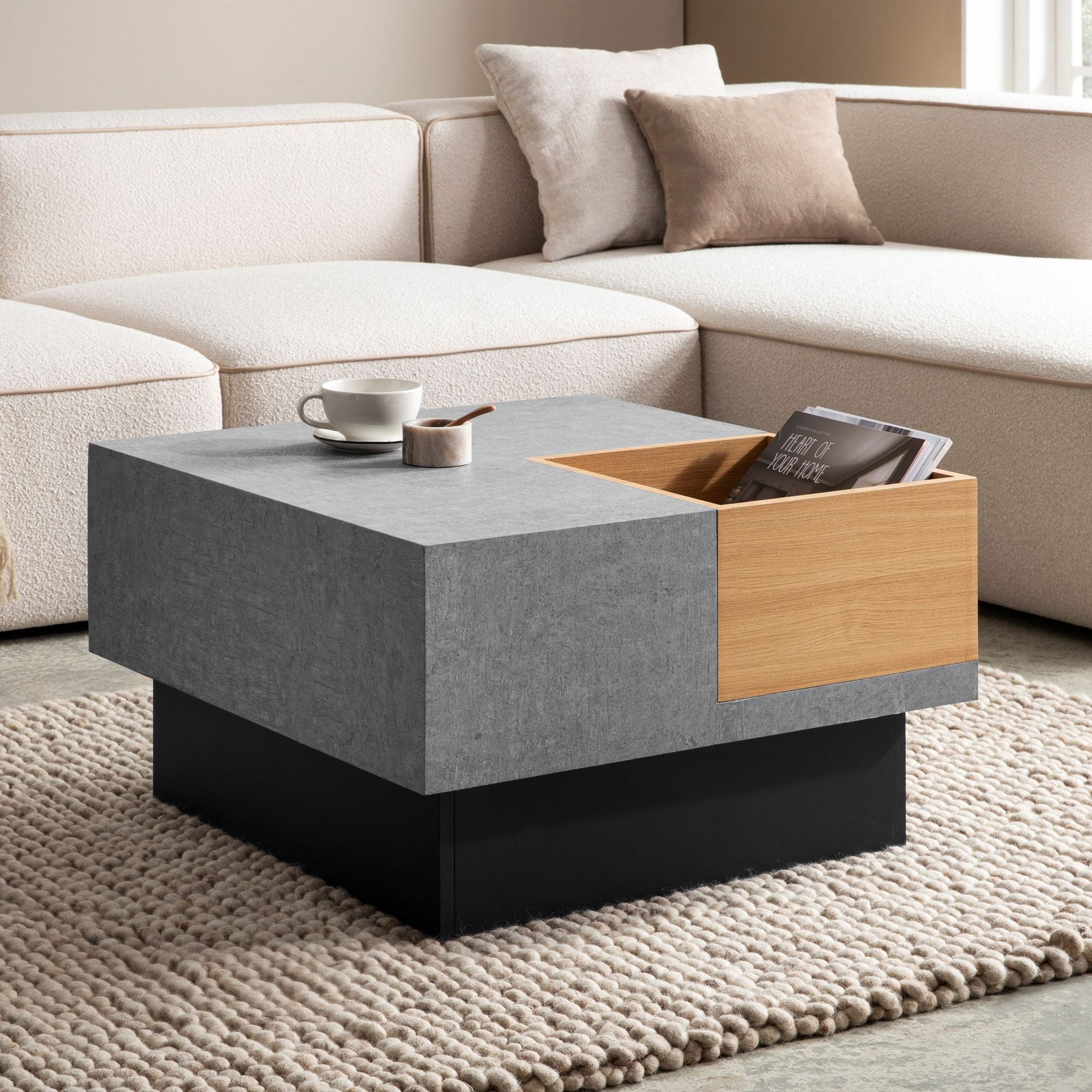 Coffee table 65x65x40 cm gray coffee table in concrete look modern, design living room table with storage space, square coffee table, coffee table side table storage compartment