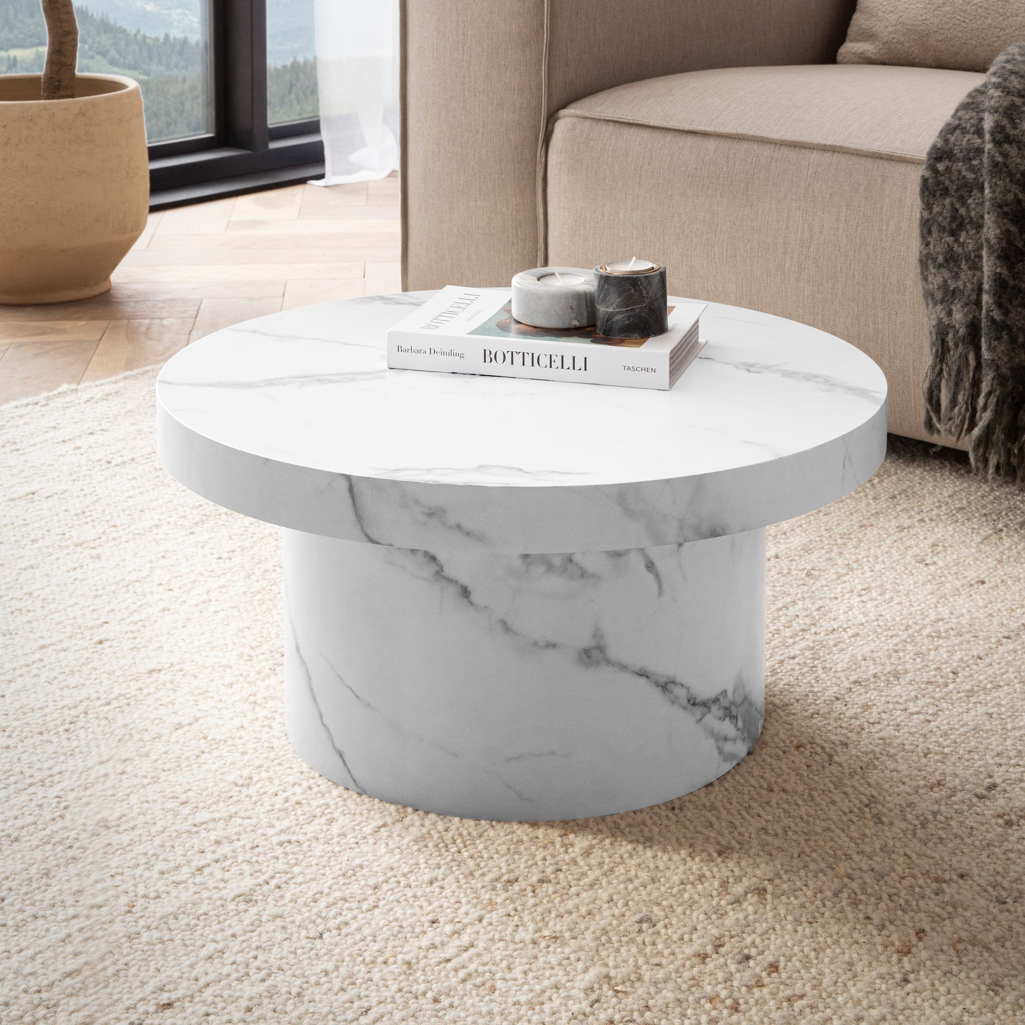 Coffee table 60x60x30 cm white coffee table in marble look modern, designer coffee table round, coffee table in mushroom shape, coffee table side table small