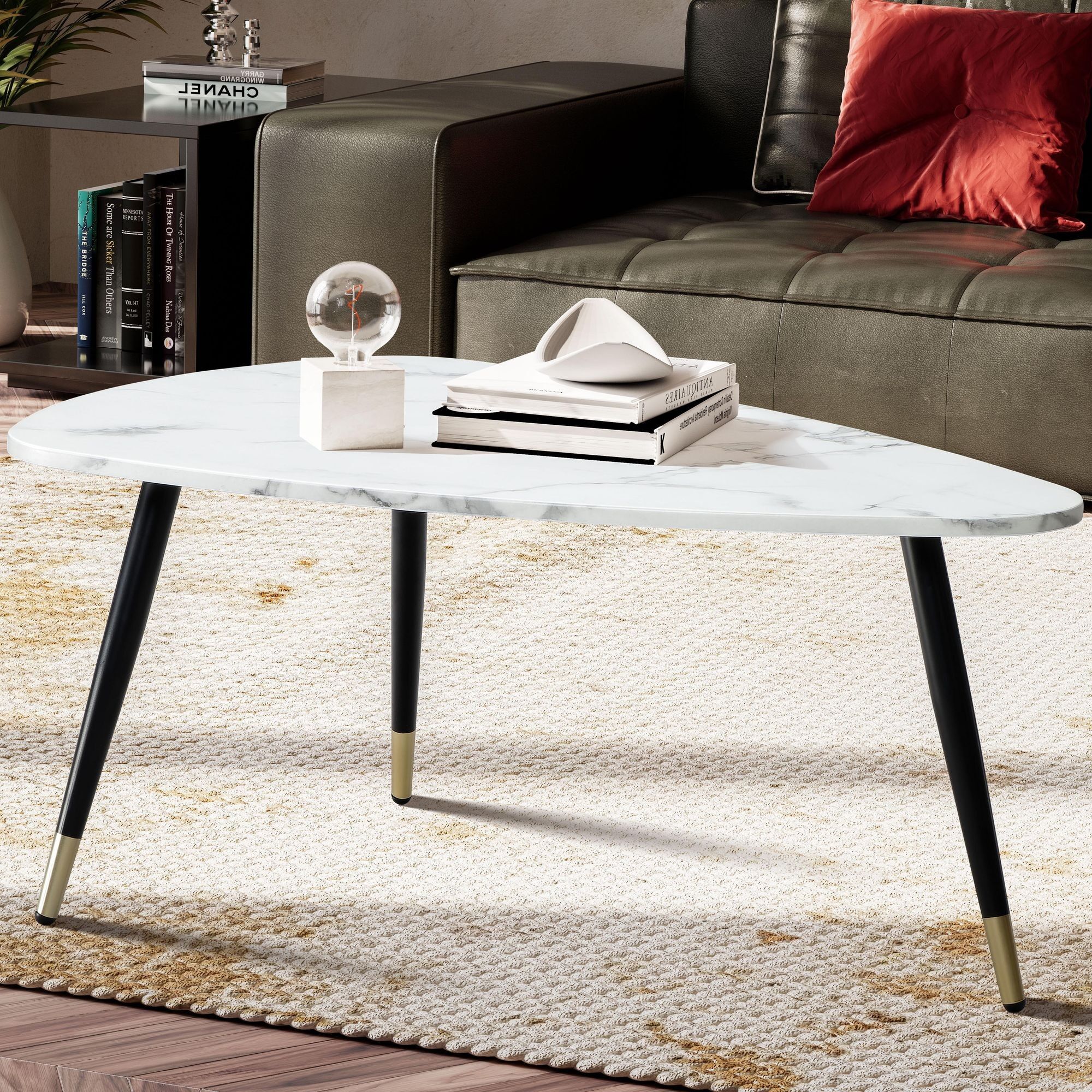 Coffee table 90x60x41 cm with marble look white, three-legged coffee table with metal frame, coffee table triangular table living room, side table