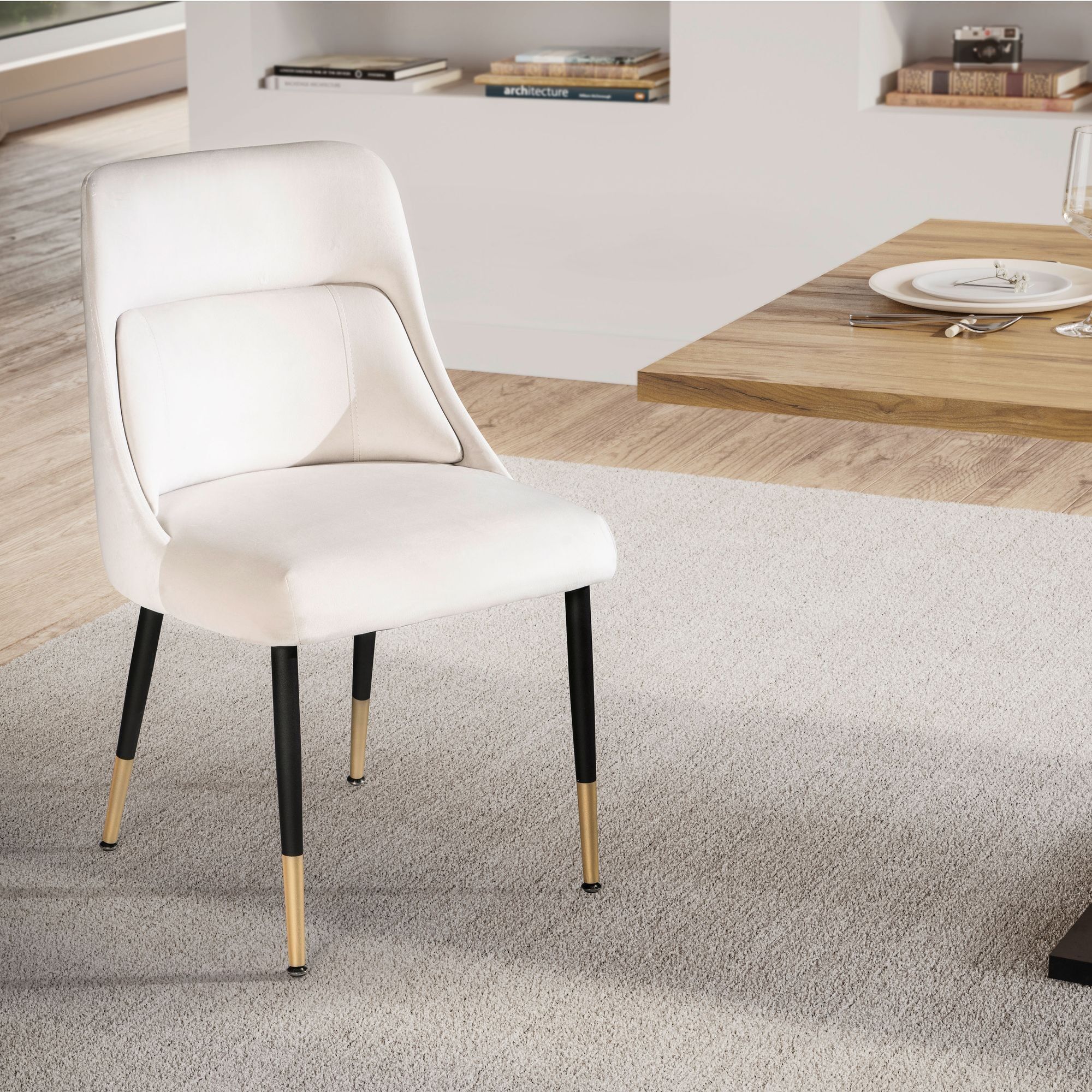 Silla de comedor de terciopelo beige, silla de cocina con patas negras, silla moderna tipo cubo, silla tapizada con tapizado de tela, silla tapizada con cojín de respaldo integrado