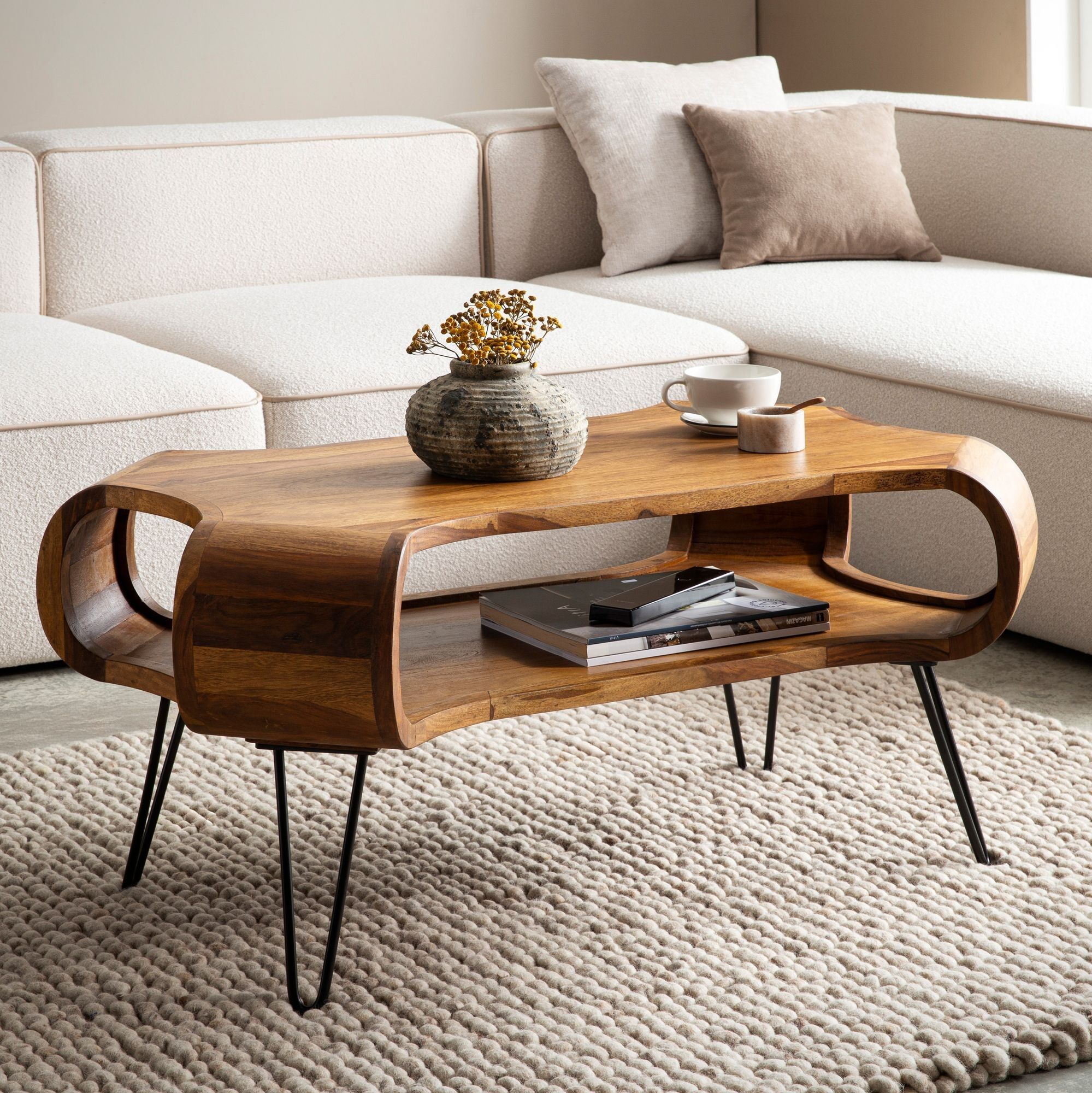 Coffee table 100x60x47 cm Sheesham solid wood metal coffee table, designer living room table rectangular with storage space, solid coffee table, large living room table with hairpin legs