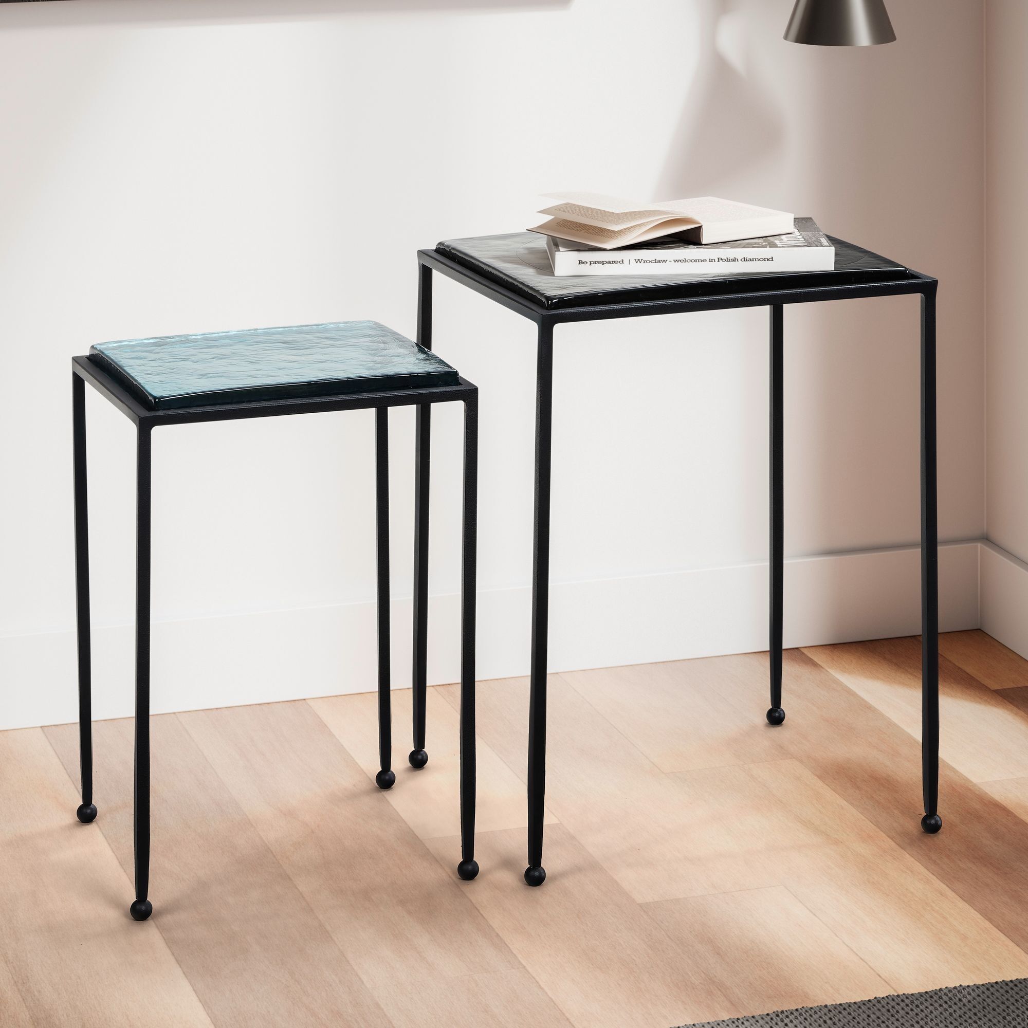 Side table set of 2 blue black design side table glass metal square, living room table modern, special coffee table square, coffee table 2-piece removable table top