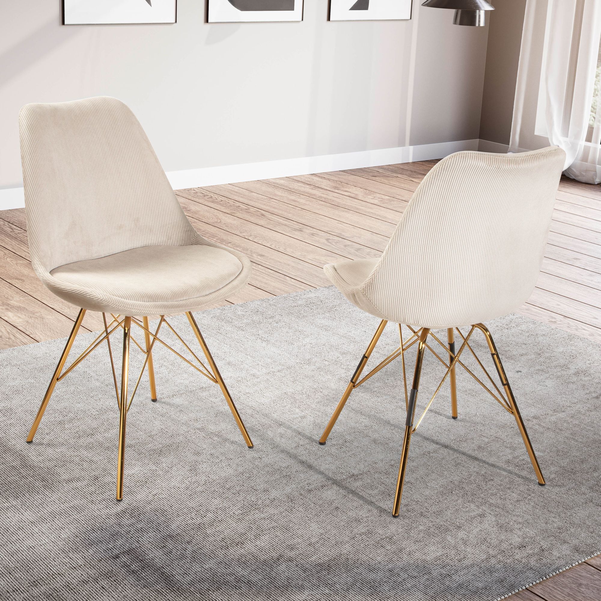 Dining chair set of 2 Cara fabric beige kitchen chair with gold legs, corduroy bucket chair Scandinavian design, upholstered chair with fabric cover, upholstered chair