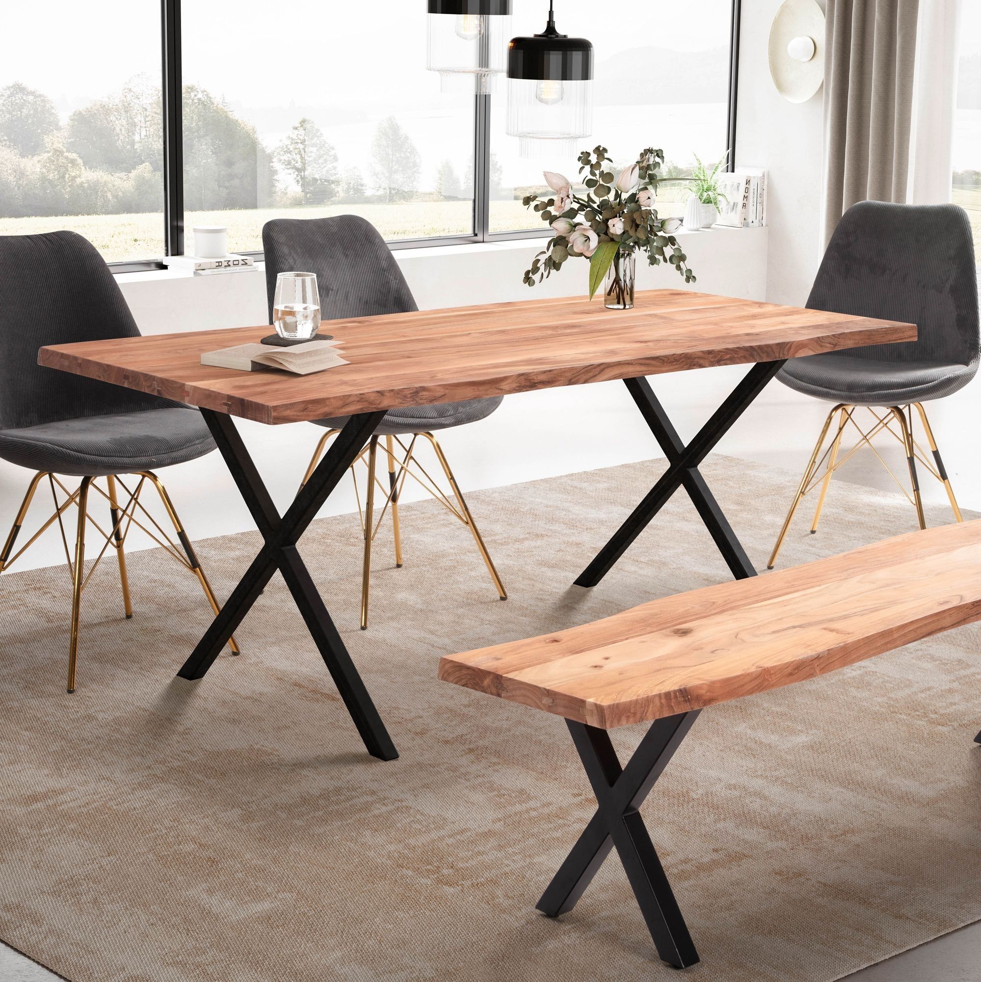 Table à manger 120x60x76 cm en bois d'acacia massif / table à manger en métal bord d'arbre, table de cuisine solide avec pieds en X en noir, table à manger en bois table à manger rectangulaire