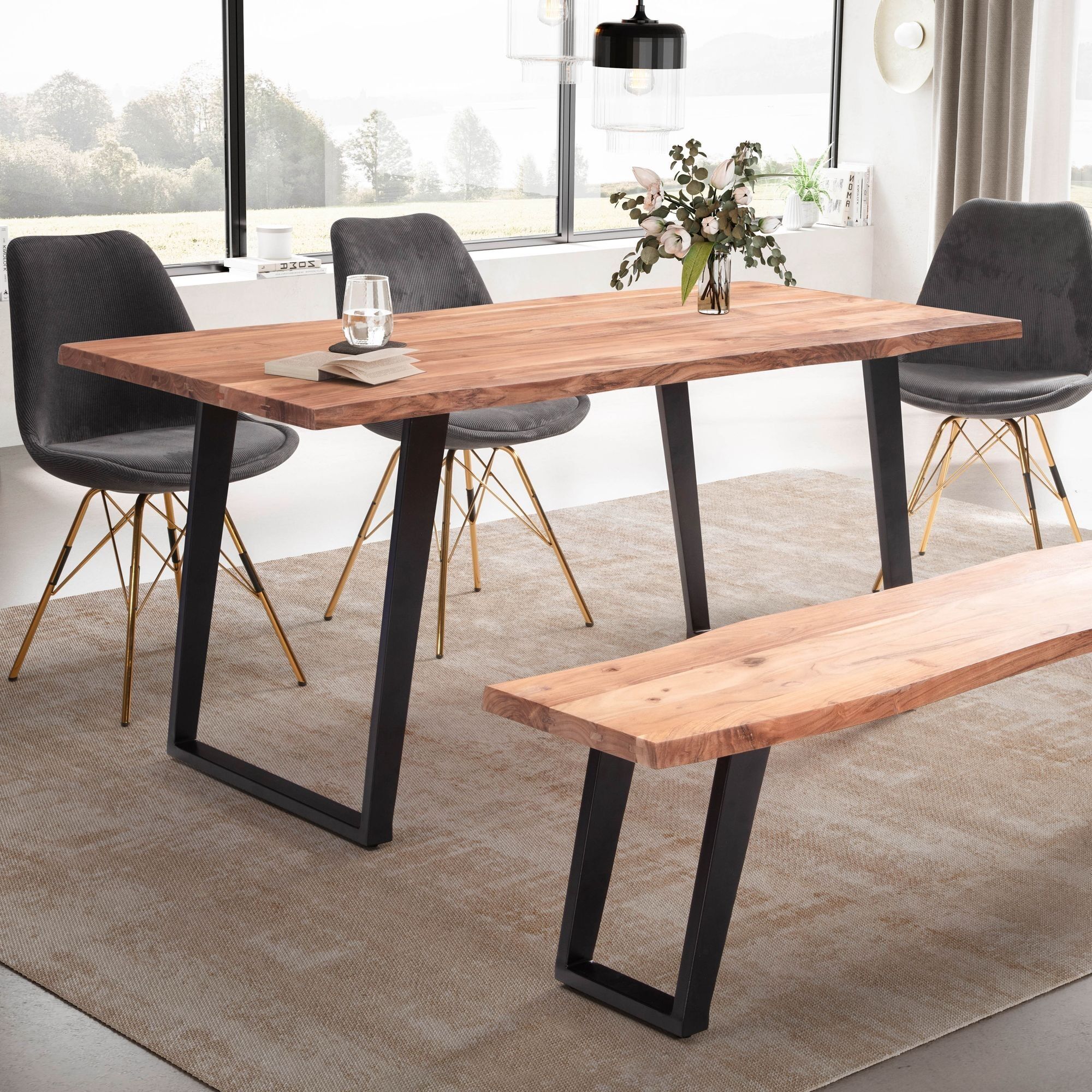 Dining table 160x80x76 cm acacia solid wood / metal dining table tree edge, solid kitchen table with U-legs in black, wooden table dining table dining rectangular
