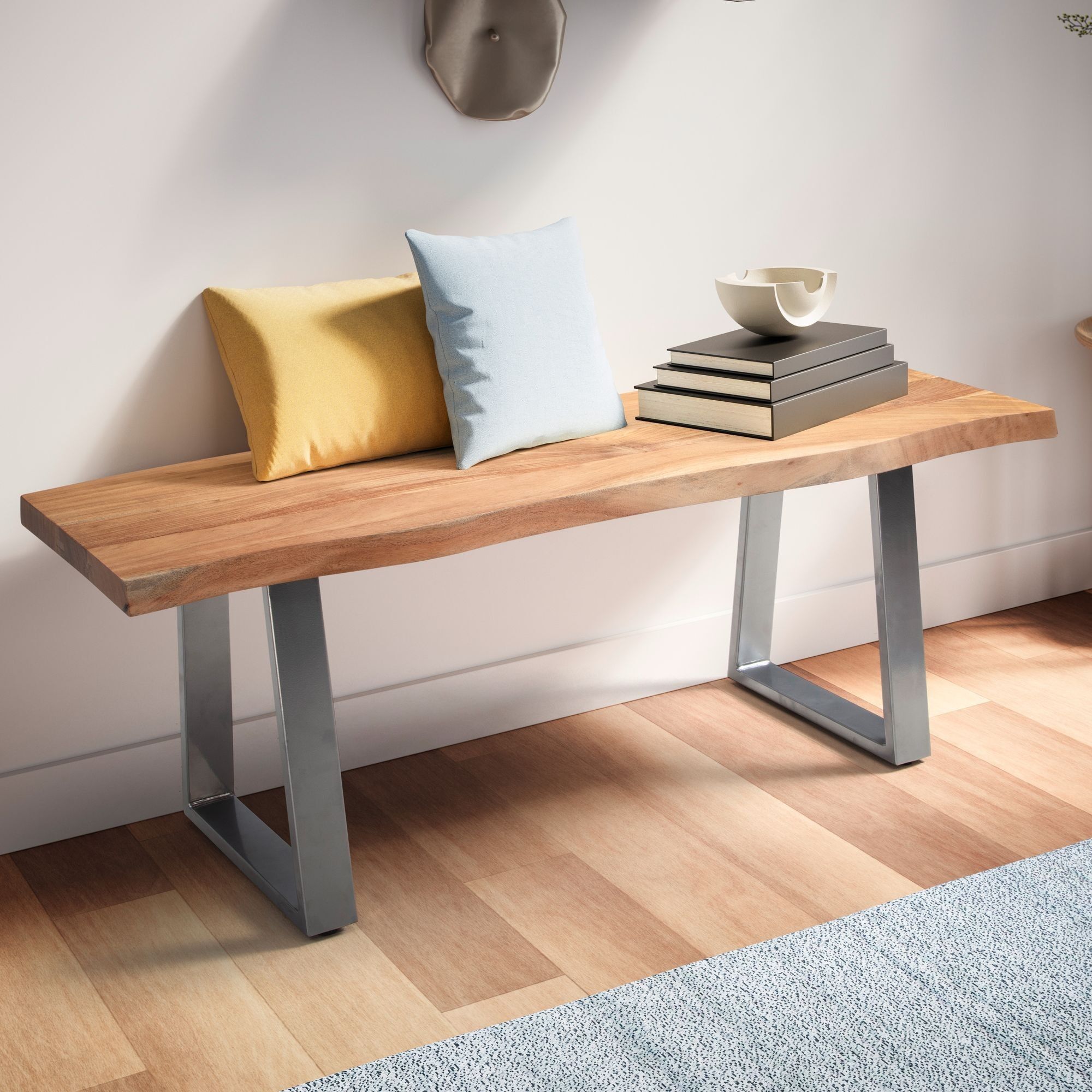 Banc armoire 120x40x45.Banc d'entrée en bois massif d'acacia 5 cm / métal avec bordure en arbre, banc d'entrée en bois massif sans dossier, banc d'entrée moderne petit pieds trapézoïdaux chromés