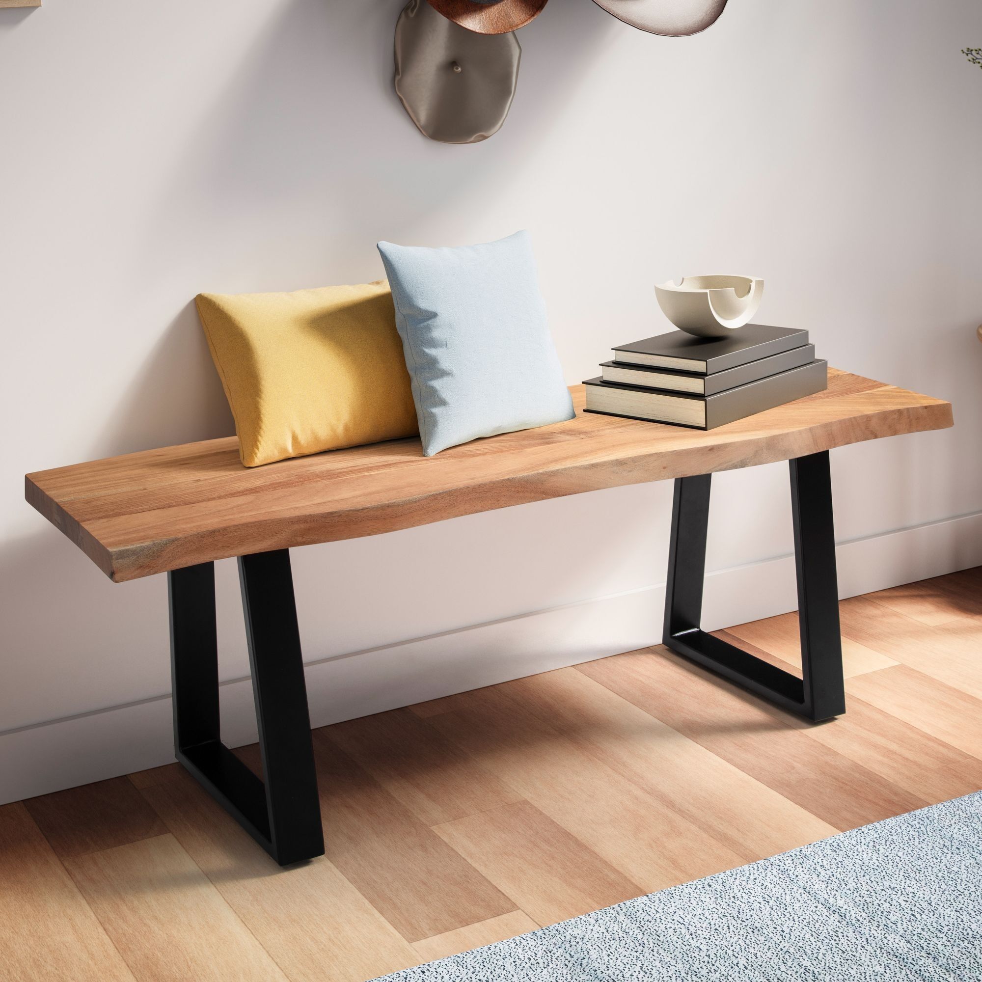 Banc armoire 120x40x45.Banc d'entrée en bois massif d'acacia 5 cm / métal avec bordure en arbre, banc d'entrée en bois massif sans dossier, banc d'entrée moderne petit pieds trapézoïdaux noir