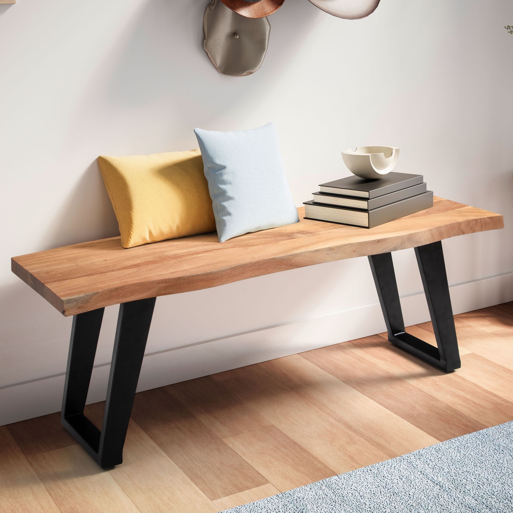 Banc armoire 120x40x45.Banc d'entrée en bois massif d'acacia 5 cm / métal avec bordure en arbre, banc d'entrée en bois massif sans dossier, banc d'entrée moderne petit pied en U noir