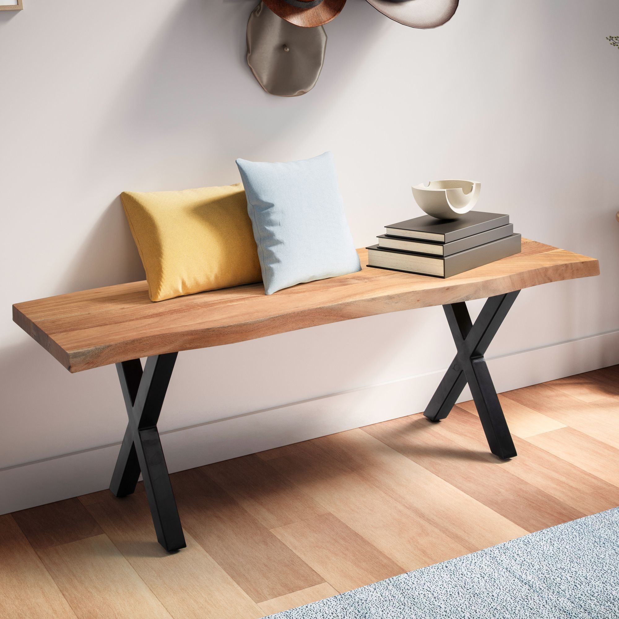 Banc armoire 120x40x45.Banc d'entrée en bois massif d'acacia 5 cm / métal avec bordure en arbre, banc d'entrée en bois massif sans dossier, banc d'entrée moderne petit pied en X noir