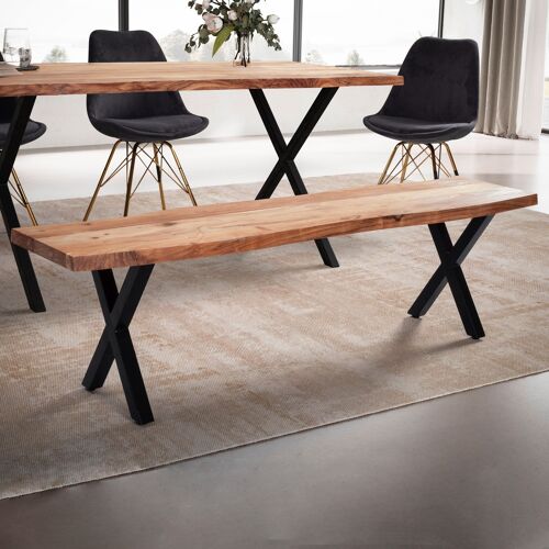 Dining room bench 180x40x45.5 cm acacia solid wood/metal with tree edge, modern dining table bench, solid wood bench without backrest, kitchen bench dining bench with X-legs, large dining bench