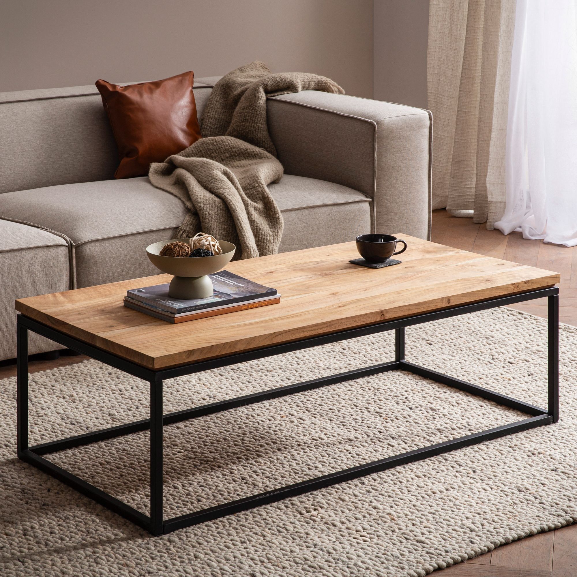 Coffee table 120x60x40 cm acacia solid wood metal coffee table rectangular, design coffee table with natural wood grain, modern living room coffee table