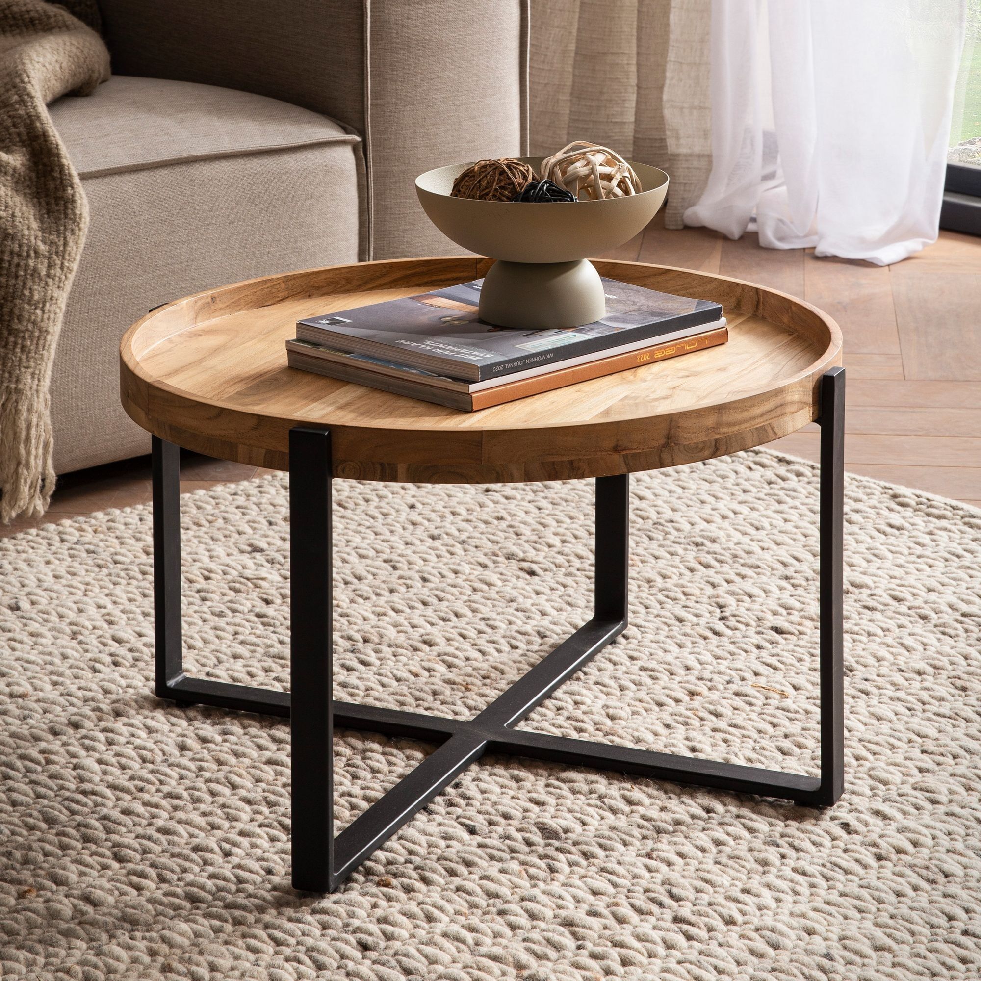 Coffee table 60x60x36 cm acacia solid wood metal light brown coffee table round, design living room table with raised edge, industrial coffee table living room modern