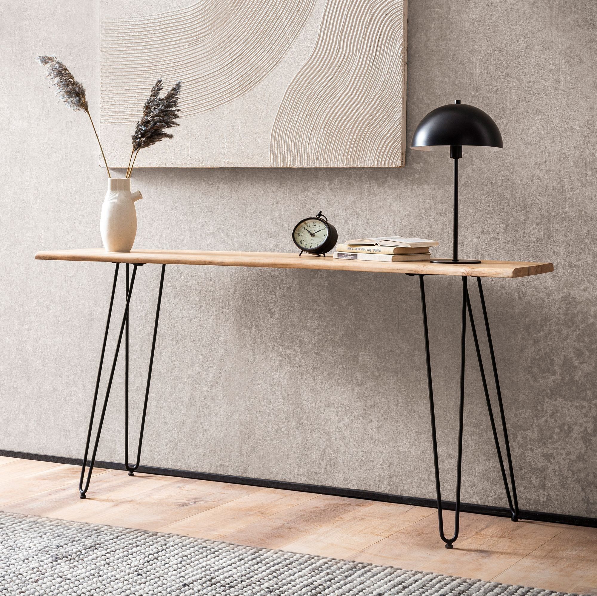 Table console 150x36x75 cm en bois massif d'acacia bord d'arbre buffet hall, table de rangement avec pieds en épingle à cheveux étroite moderne, table d'entrée cadre en métal, table d'entrée longue haute