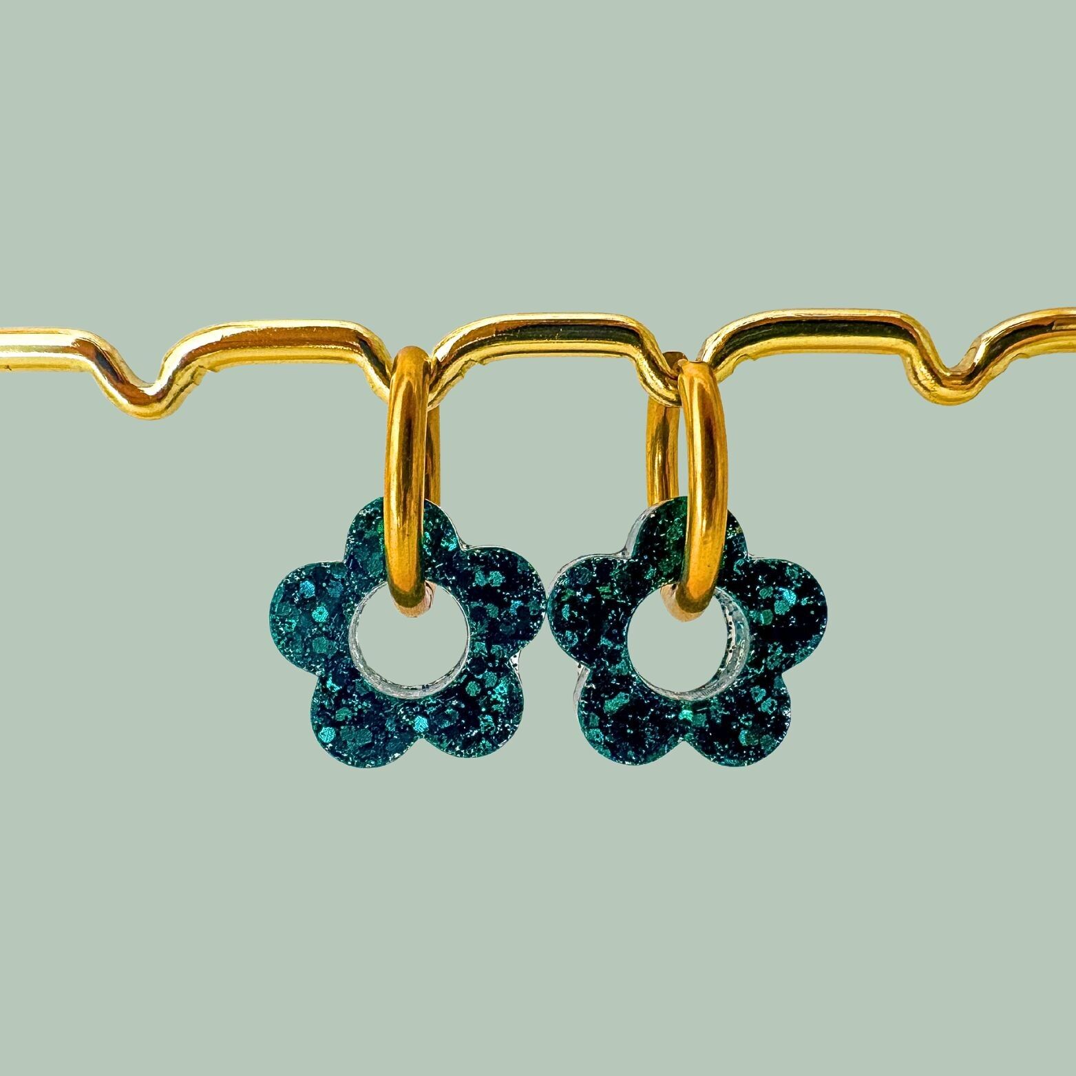 Interchangeable Sequin Hoop Earrings - Flower - Emerald