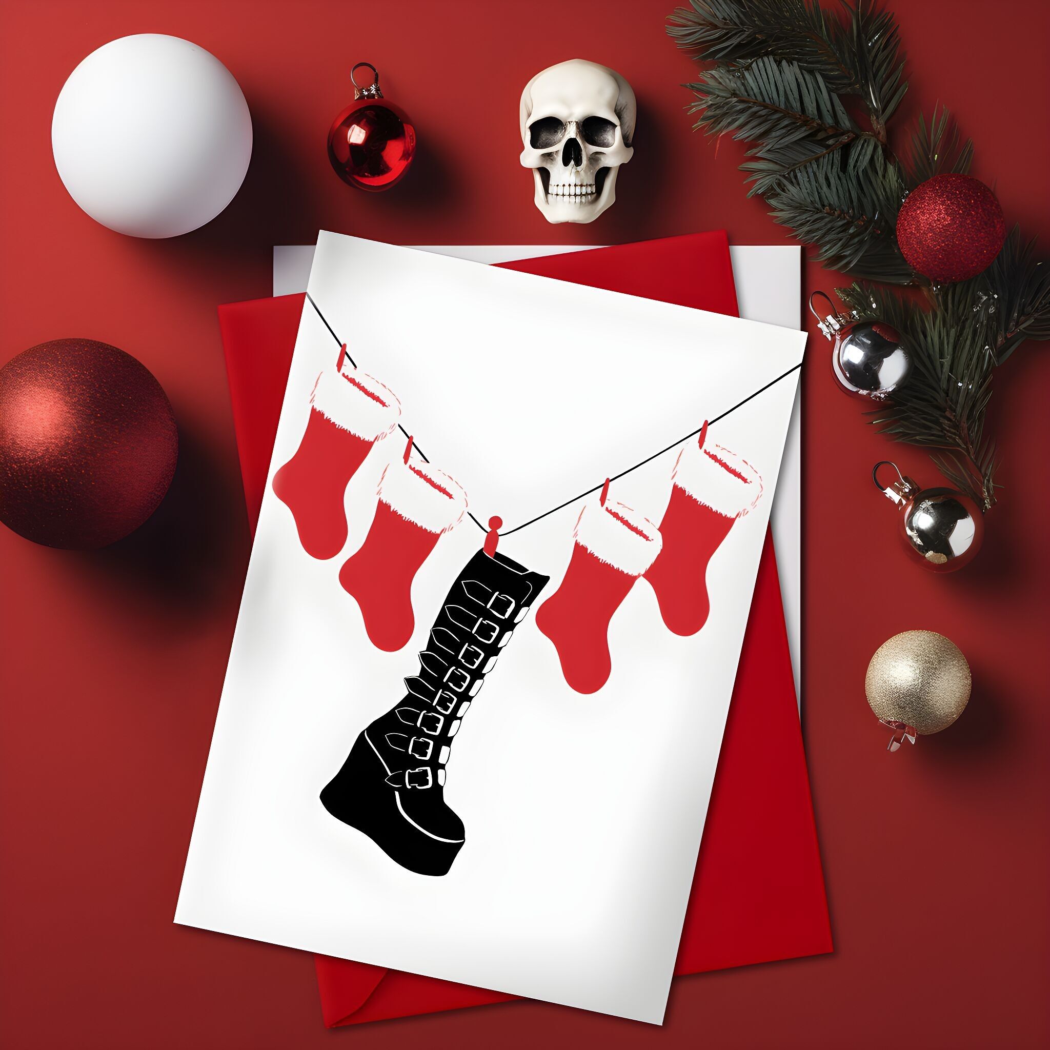 Grande biglietto di auguri natalizio con calza da stivale gotica