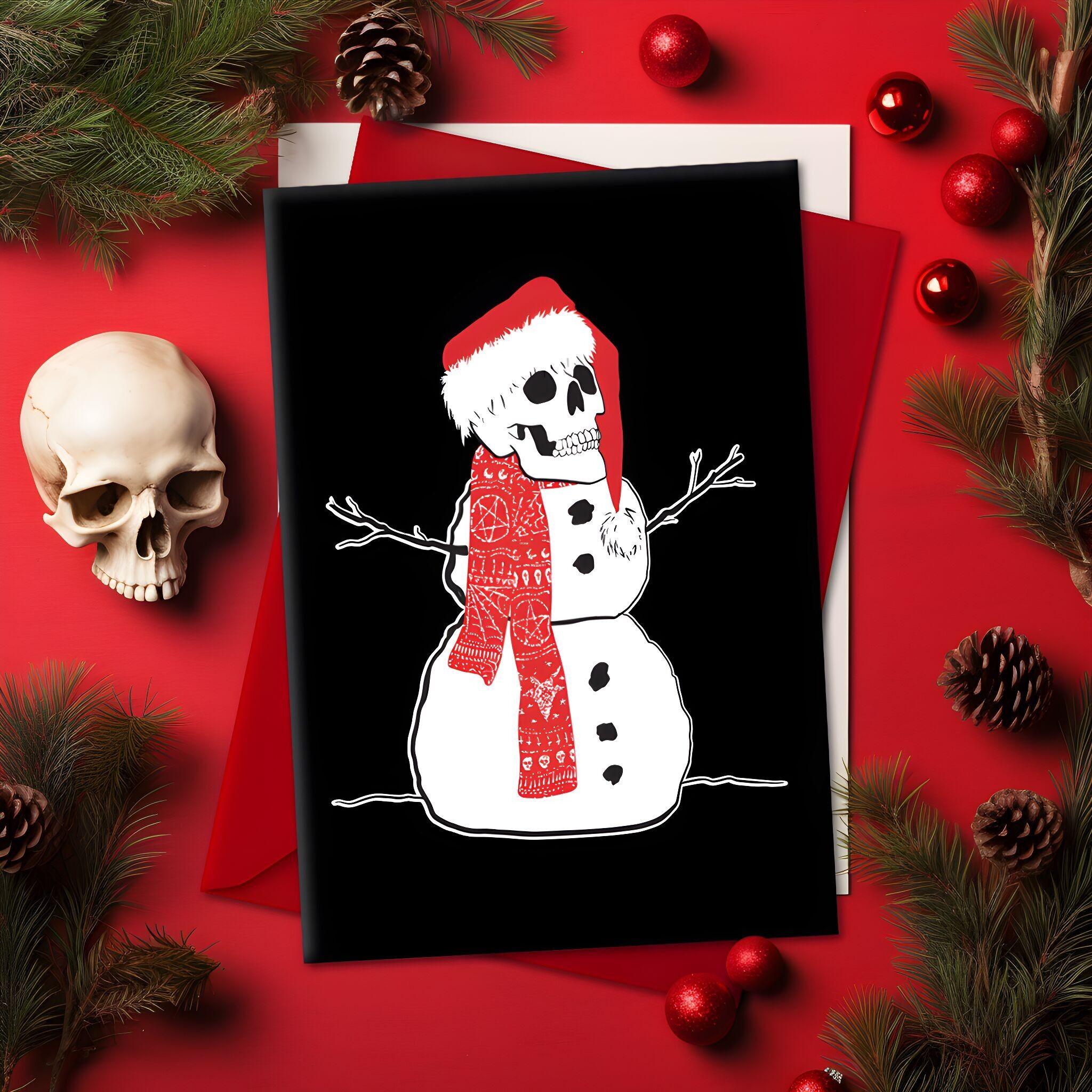 Grande biglietto di auguri natalizi con pupazzo di neve e teschio