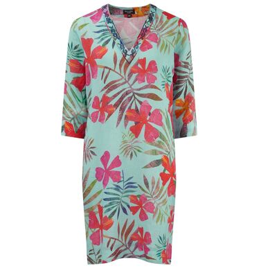 Ikat Flower Print Linen Tunic Dress with Embroidery Multi