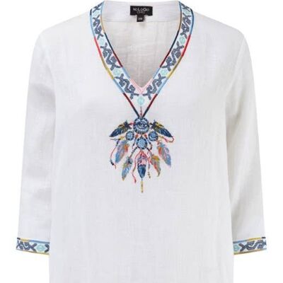 Dream Catcher Tunic Linen Dress with Embroidery White