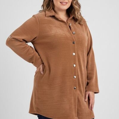 Camicia lunga taglie forti in velluto a coste color cammello (T20688)