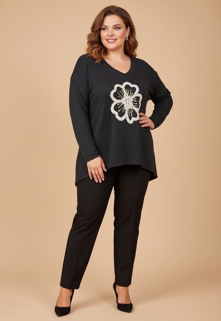 Suéter grueso negro de talla grande con estampado de flores (T21410)