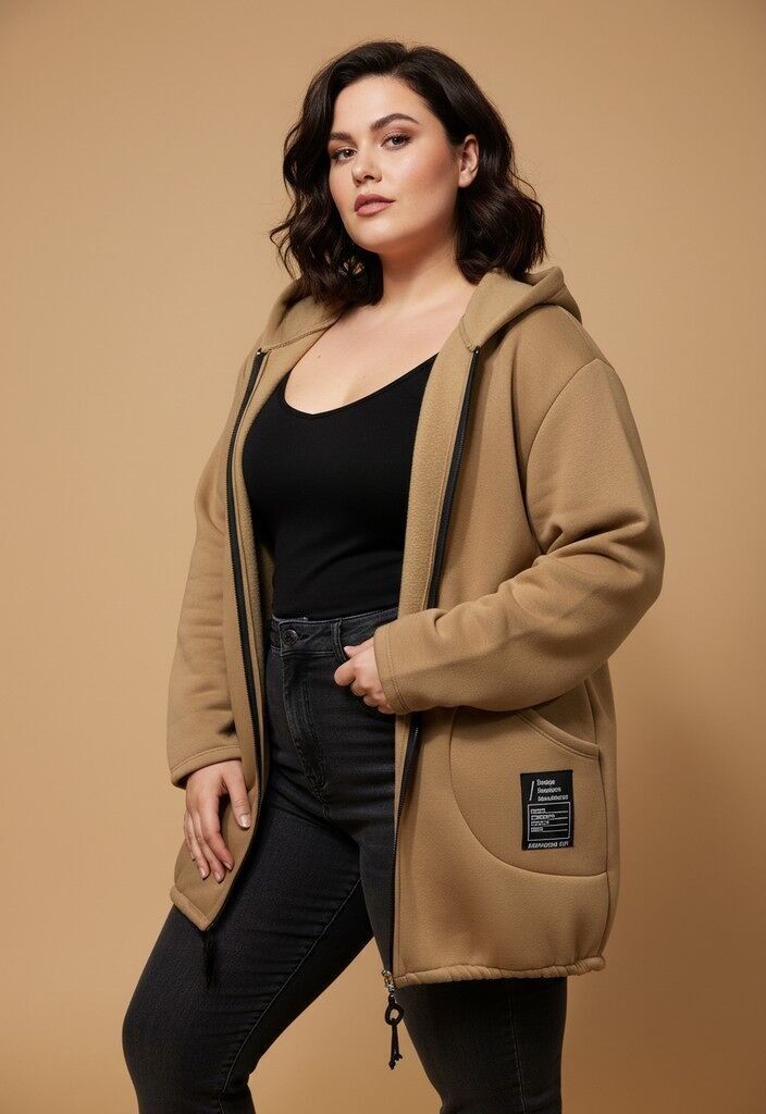 Kamelfarbener Fleecemantel in Übergröße (T37390)