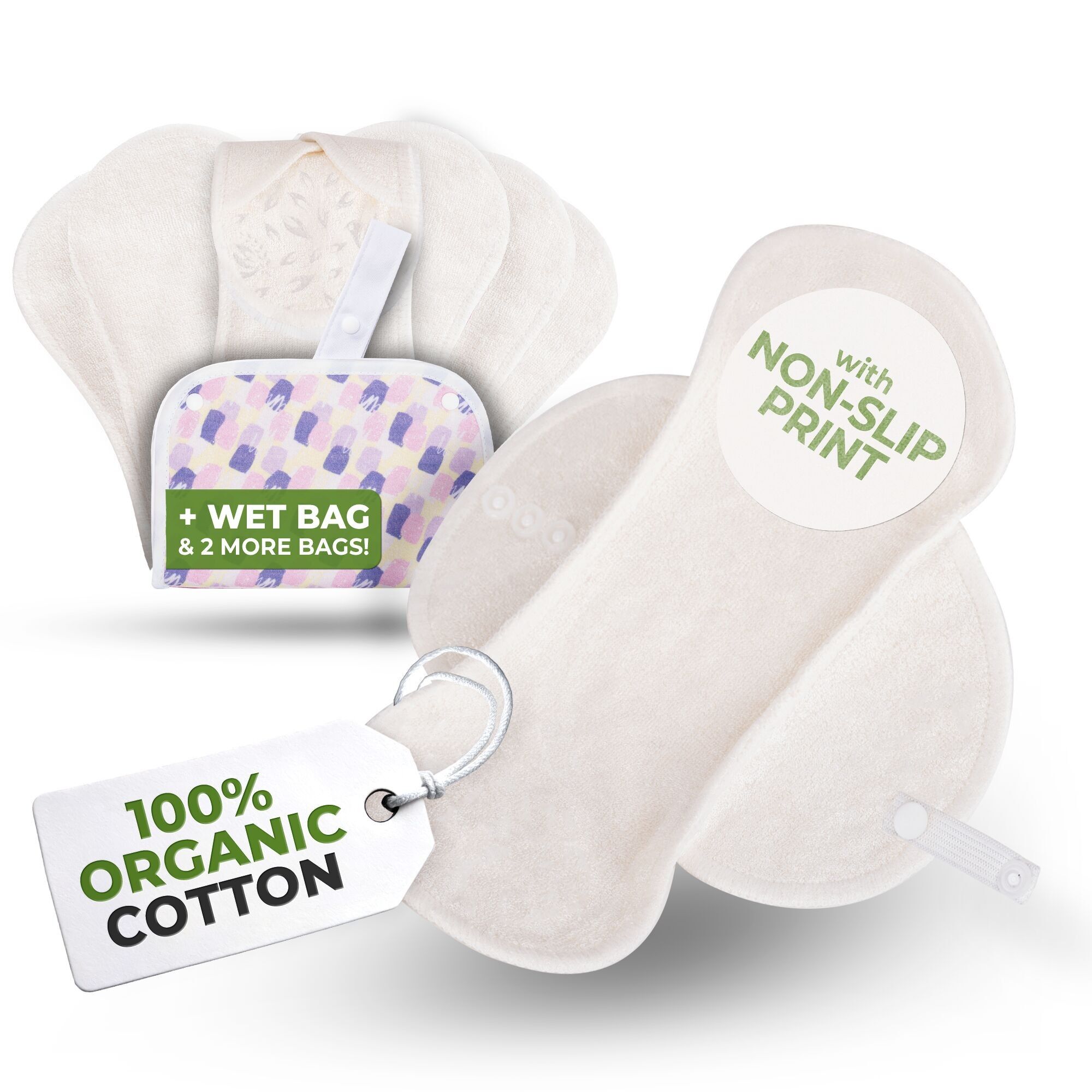 Rutschfeste, wiederverwendbare Bio-Slipeinlagen für Frauen und Teenager (klein, 7er-Pack) – schlichtes weißes Bambus