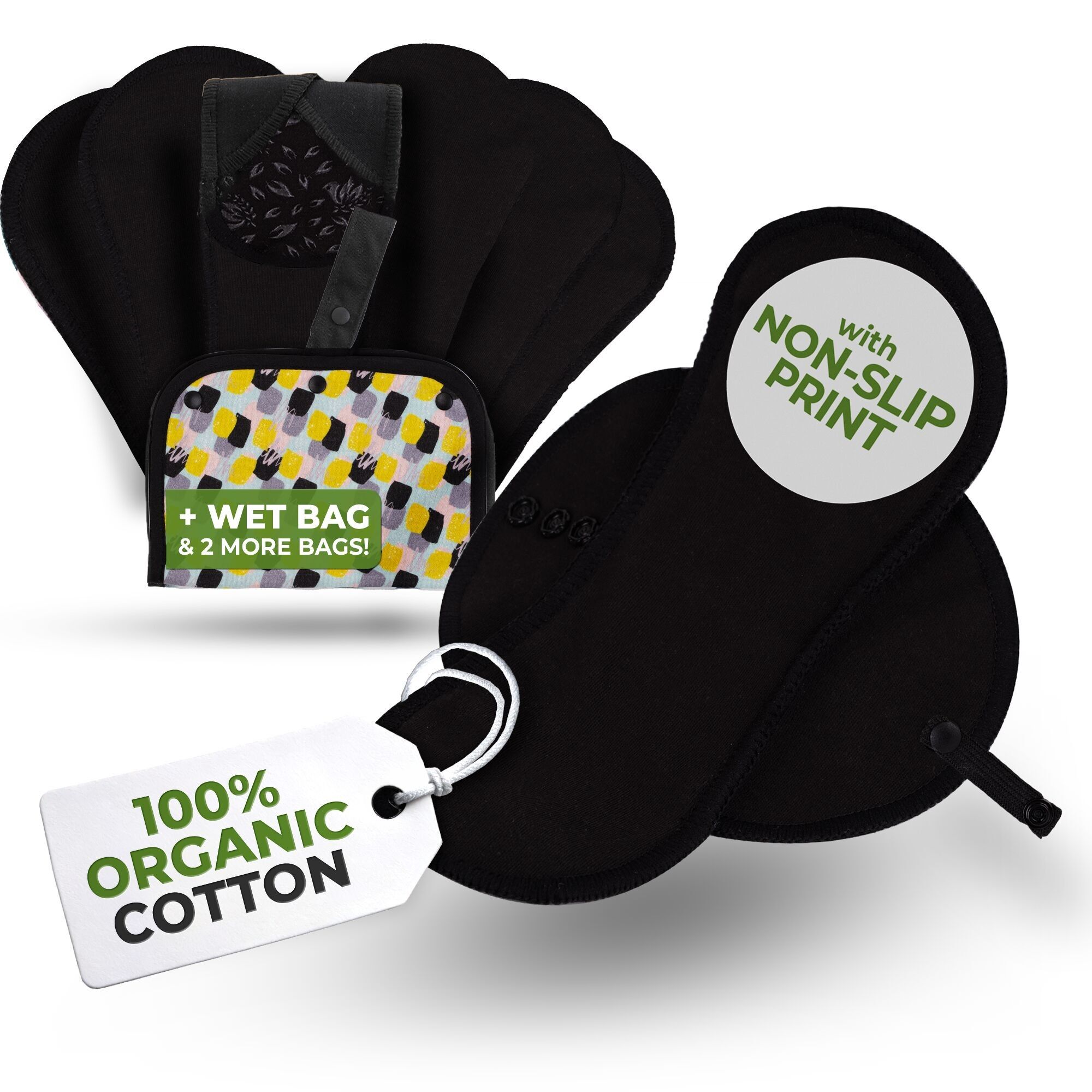 Rutschfeste, wiederverwendbare Bio-Slipeinlagen für Frauen und Teenager (Mittel, 7er-Pack) – Einfarbig Schwarz