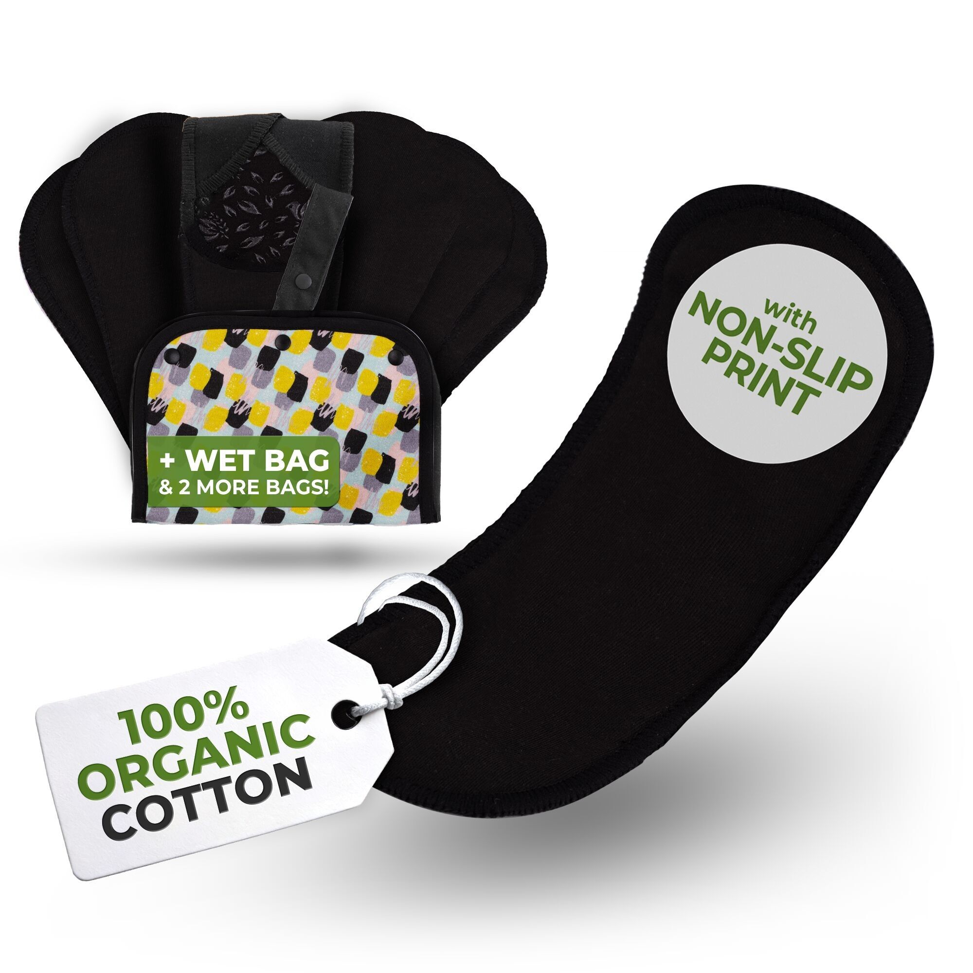 Rutschfeste, wiederverwendbare Bio-Slipeinlagen für Frauen und Teenager (klein, 7er-Pack) – schlichtes Schwarz ohne Flügel