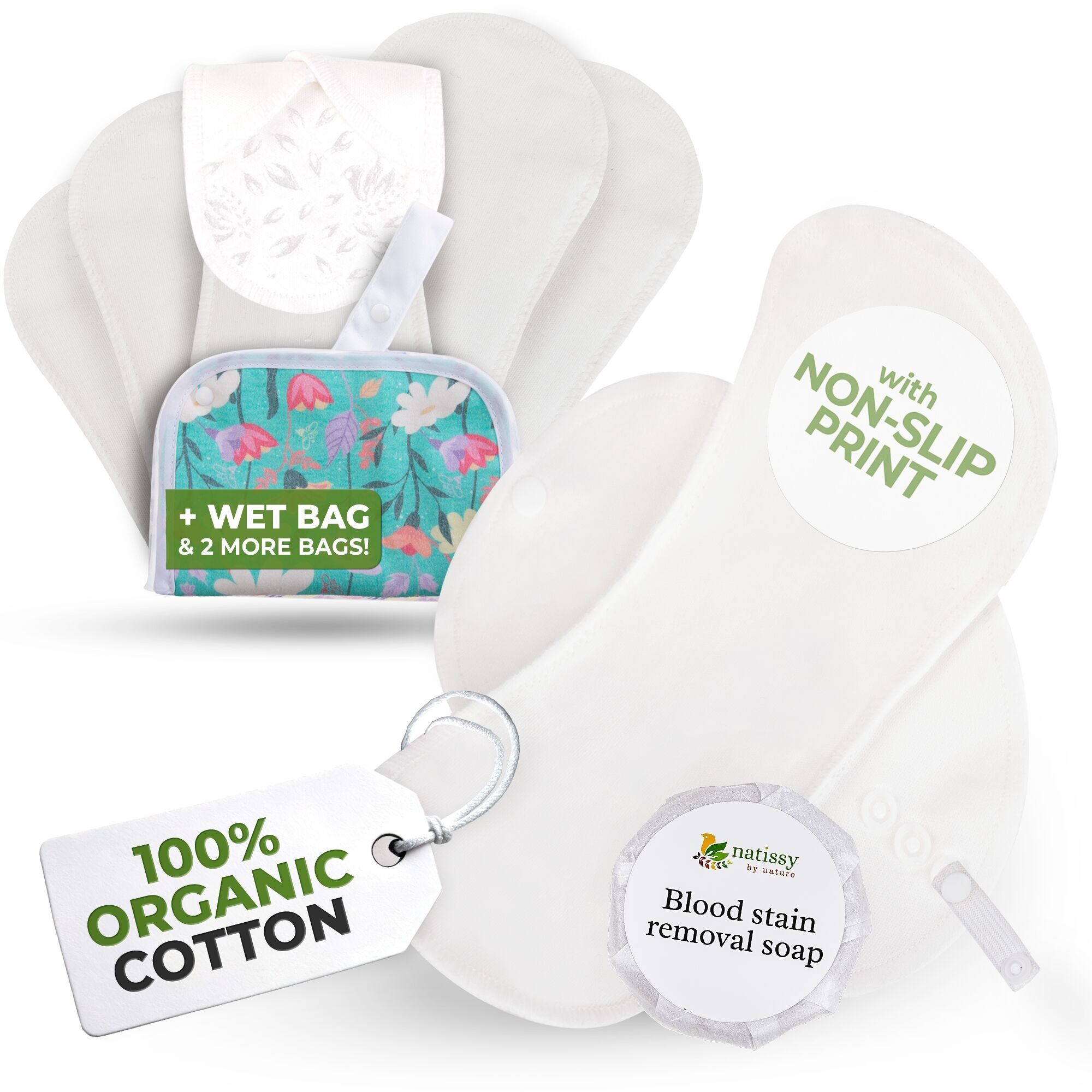 Rutschfeste, wiederverwendbare Premium-Periodenbinden für starke Blutung und Inkontinenz (L+XL, 6er-Pack) – White Lily