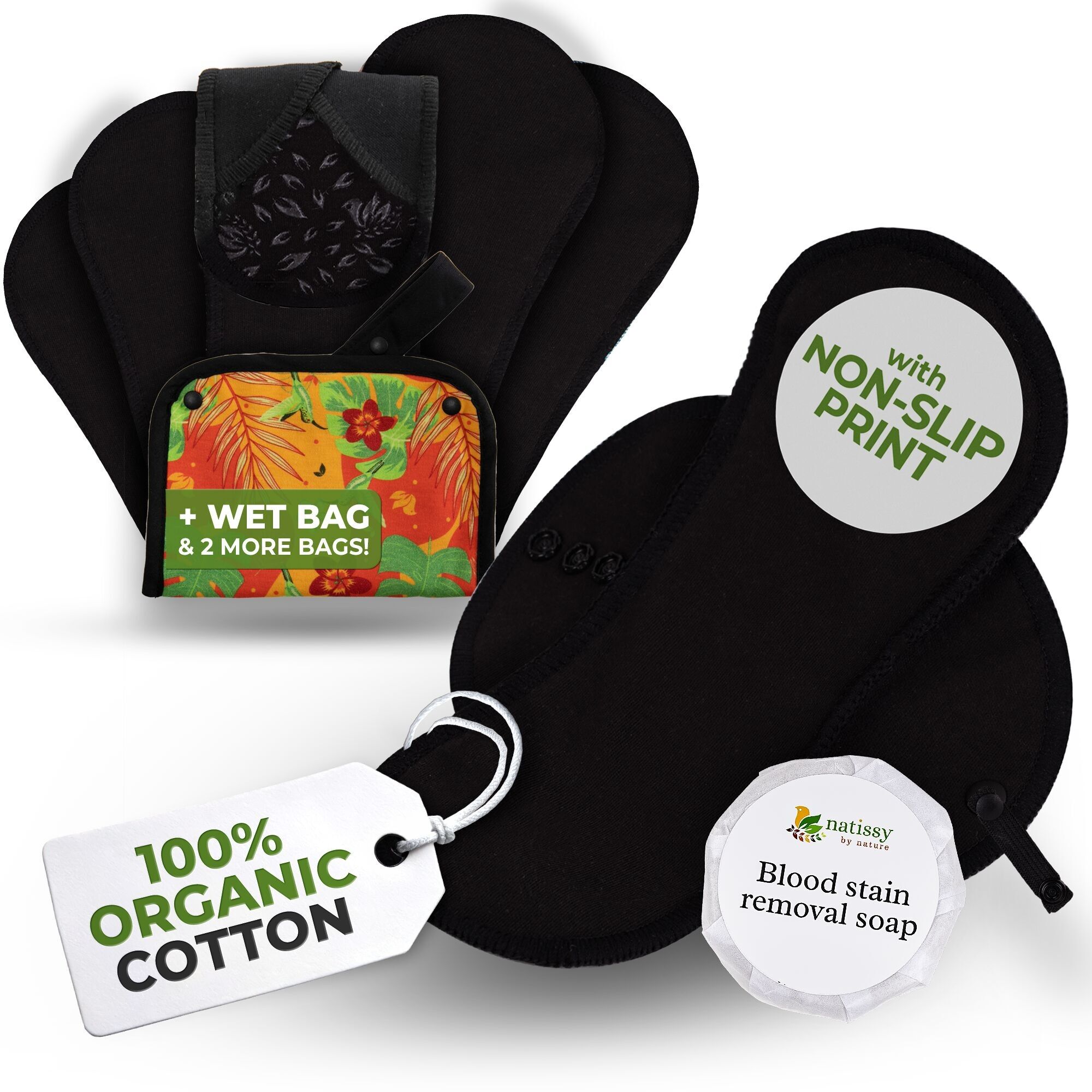 Rutschfeste, wiederverwendbare Premium-Periodenbinden für starke Blutung und Inkontinenz (L+XL, 6er-Pack) – Schwarze Katze