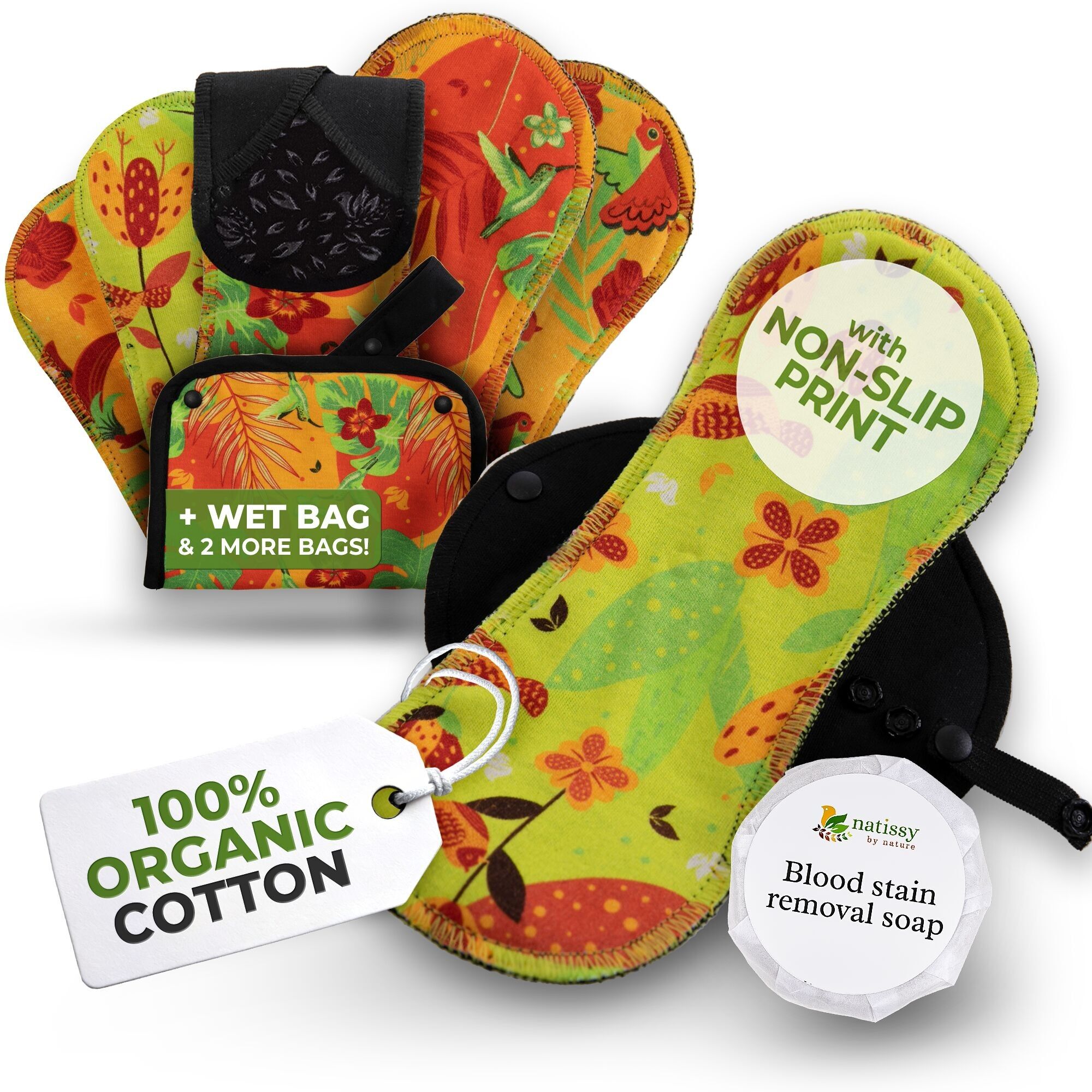 Rutschfeste, wiederverwendbare Premium-Periodenbinden für starke Blutung und Inkontinenz (L+XL, 6er-Pack) – Natissy Birds
