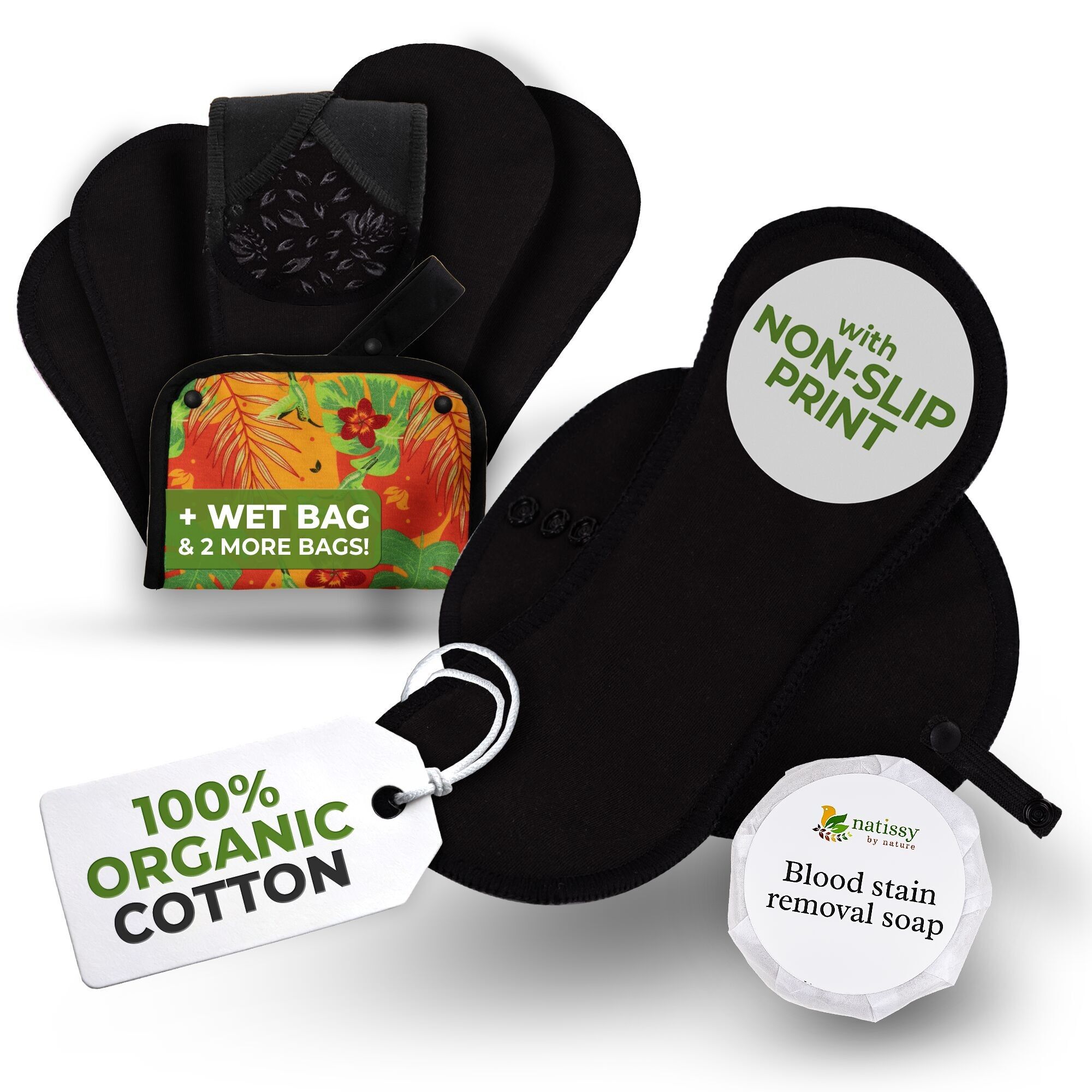 Rutschfeste, wiederverwendbare Premium-Periodenbinden für leichte Blutungen (S+M, 6er-Pack) – Schwarze Katze