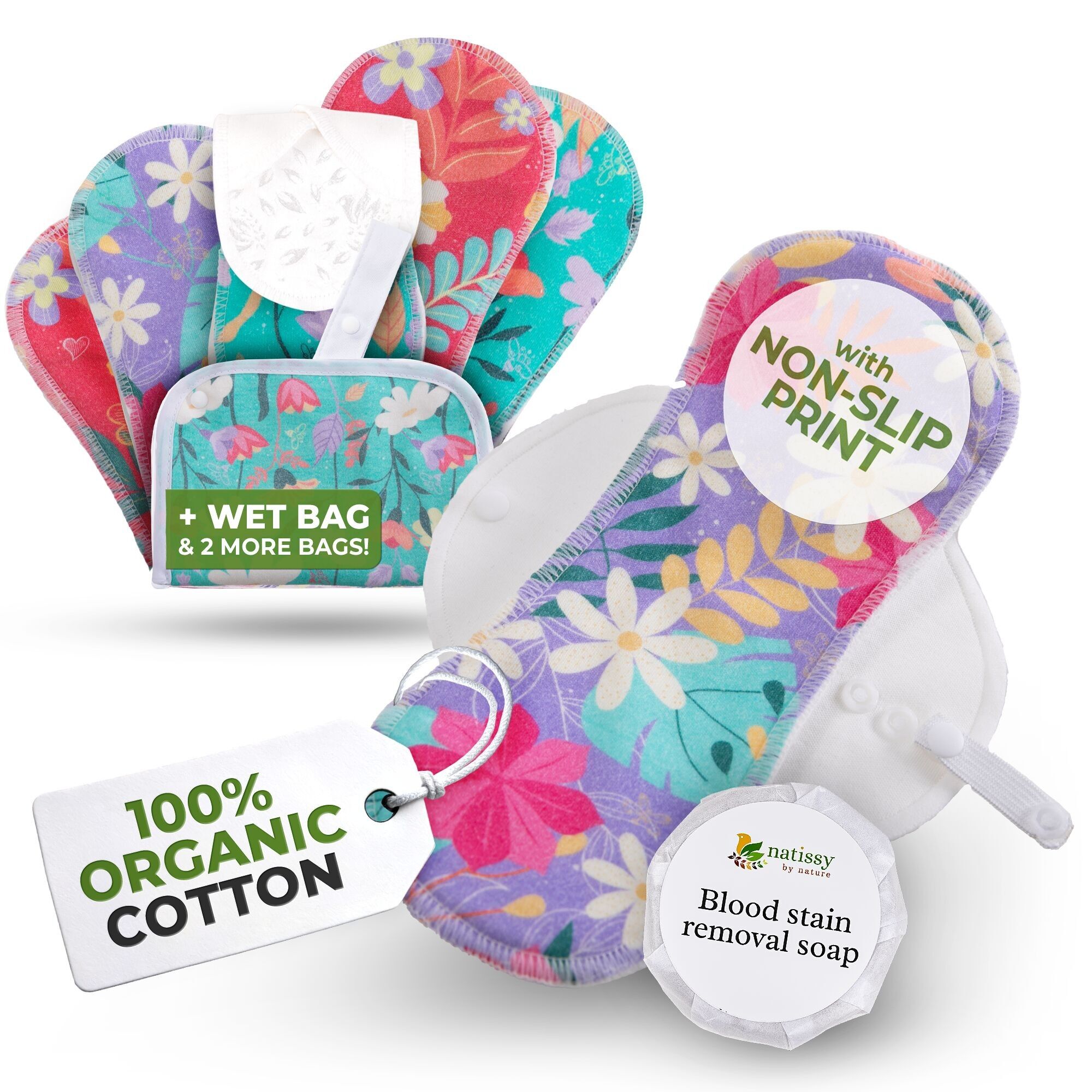 Rutschfeste, wiederverwendbare Premium-Binden für leichte Blutungen (S+M, 6er-Pack) – Flora