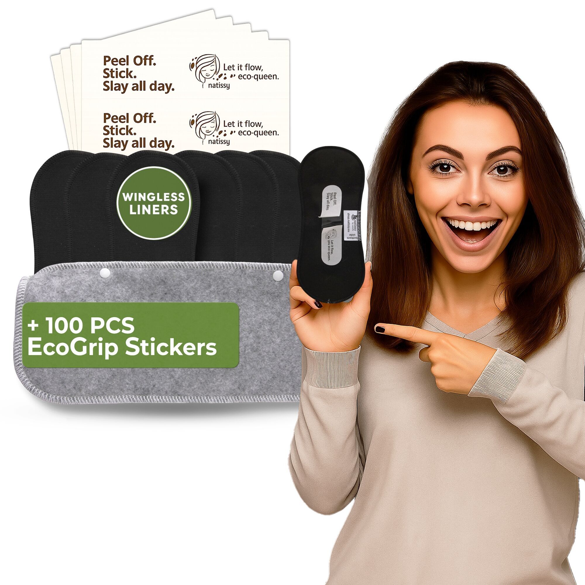 Wingless wiederverwendbare Slipeinlagen mit Klebeaufkleber (KLEIN, 7er-Pack) - Schlichtes Schwarz