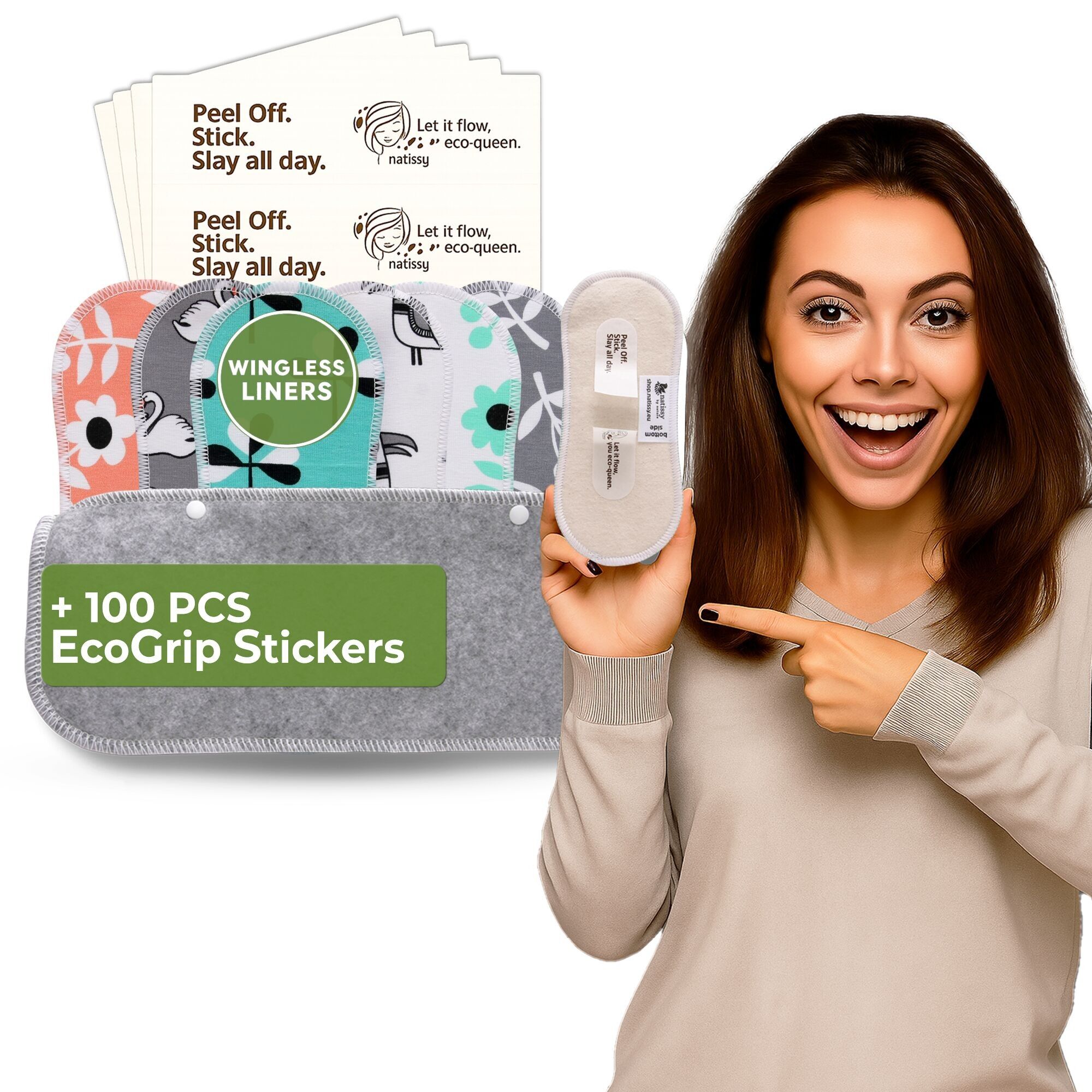 Wingless wiederverwendbare Slipeinlagen mit Klebeaufkleber (KLEIN, 7er-Pack) - Blumen