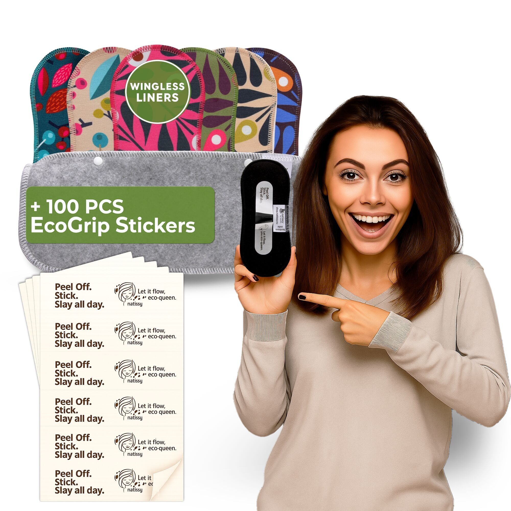 Wingless wiederverwendbare Slipeinlagen mit Klebeaufkleber (KLEIN, 7er-Pack) - Pfau