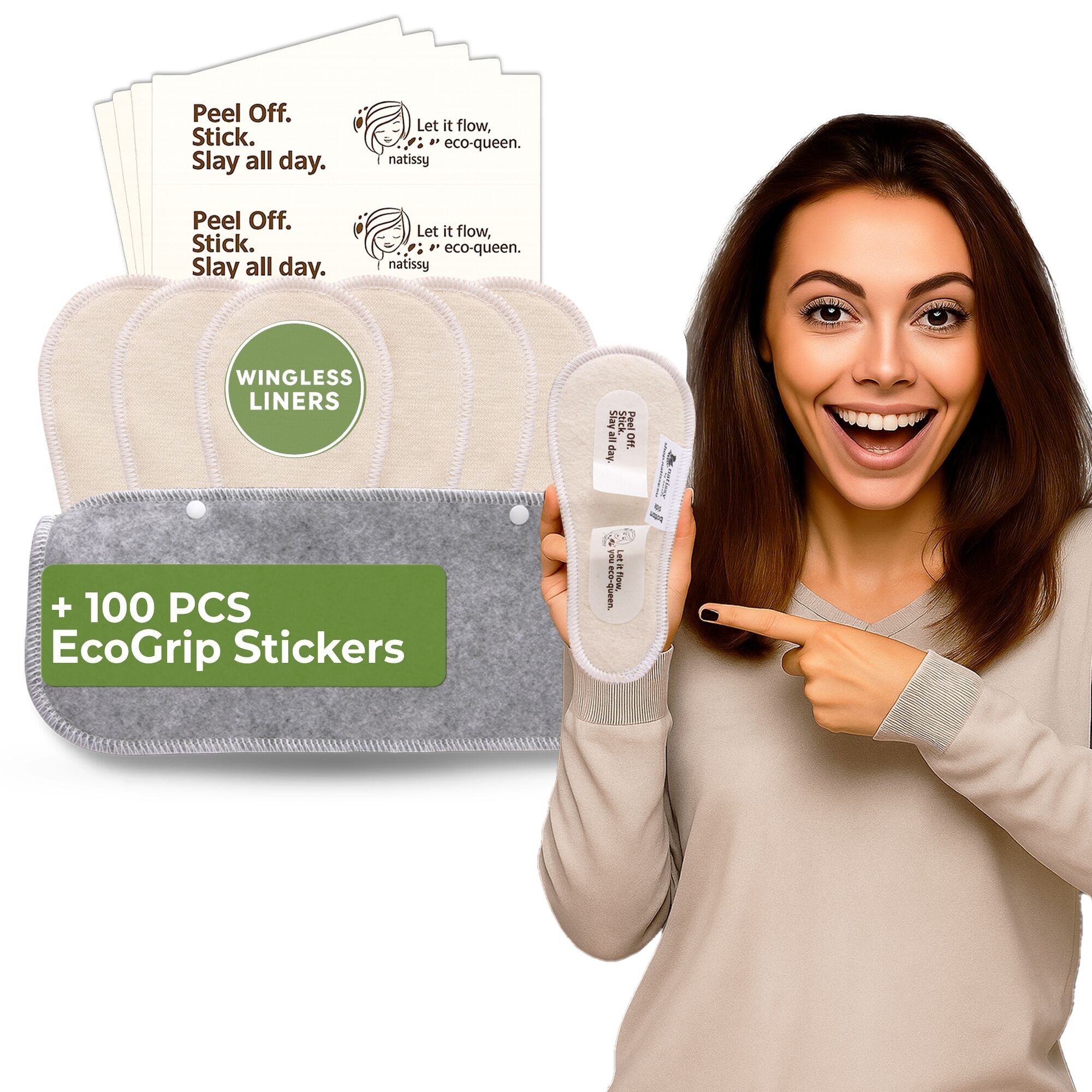 Wingless wiederverwendbare Slipeinlagen mit Klebeaufkleber (TANGA, 7er-Pack) – Natur, ungebleicht