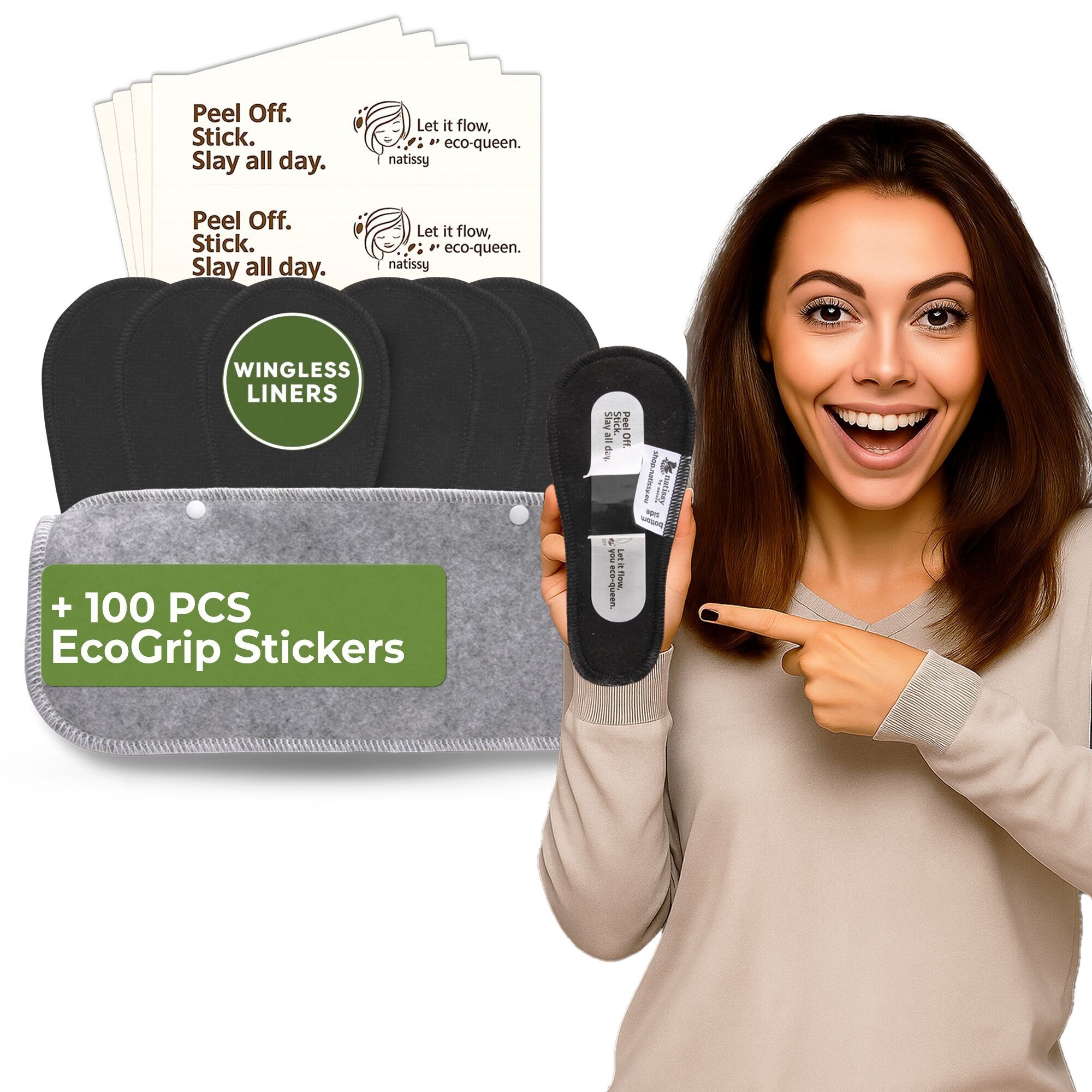 Wingless wiederverwendbare Slipeinlagen mit Klebeaufkleber (TANGA, 7er-Pack) – schlichtes Schwarz