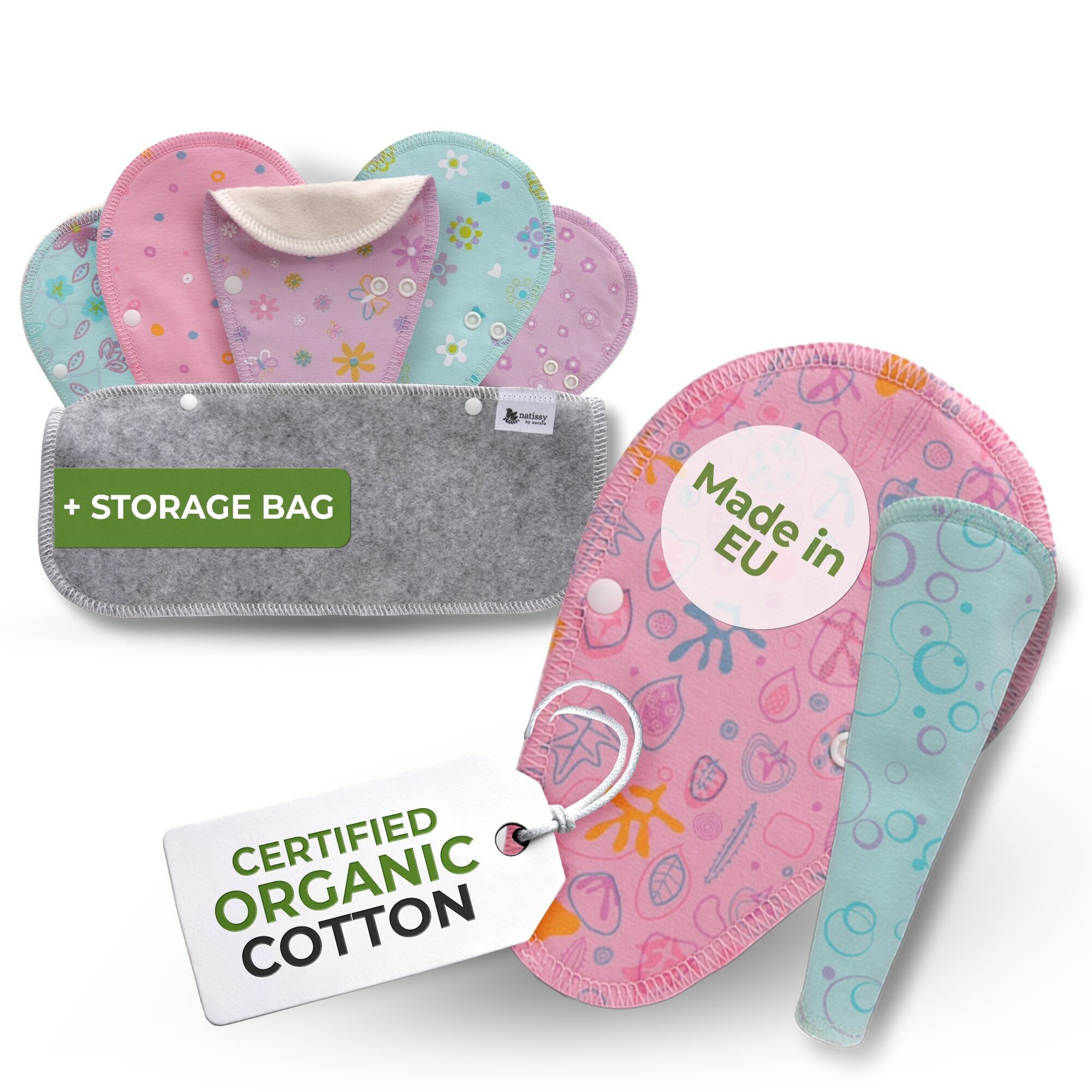 Wiederverwendbare TANGA Slipeinlagen aus Bio-Baumwolle mit Flügeln 7er-Pack - Pastell (weiße Flügel)