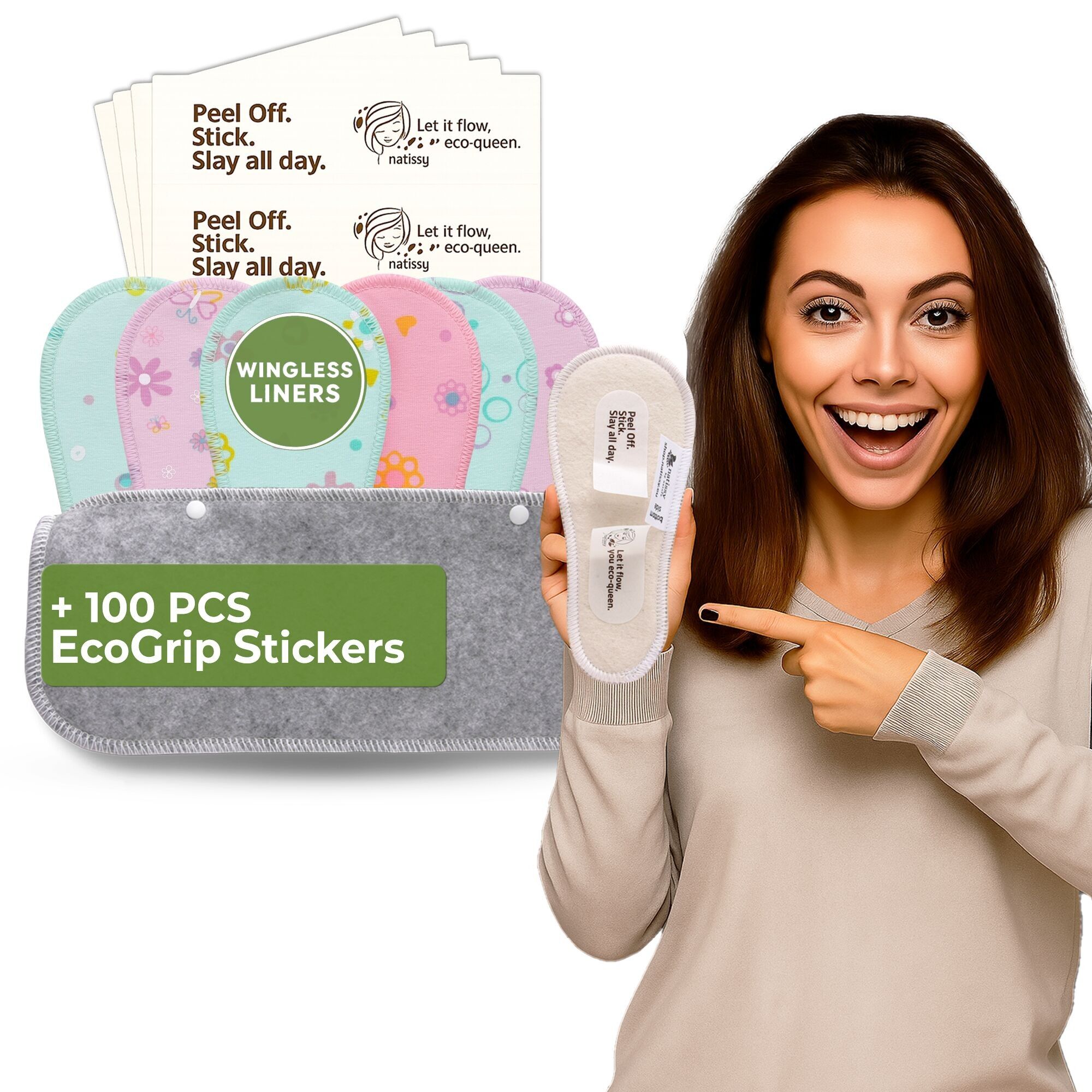 Wingless wiederverwendbare Slipeinlagen mit Klebeaufkleber (TANGA, 7er-Pack) - Pastell