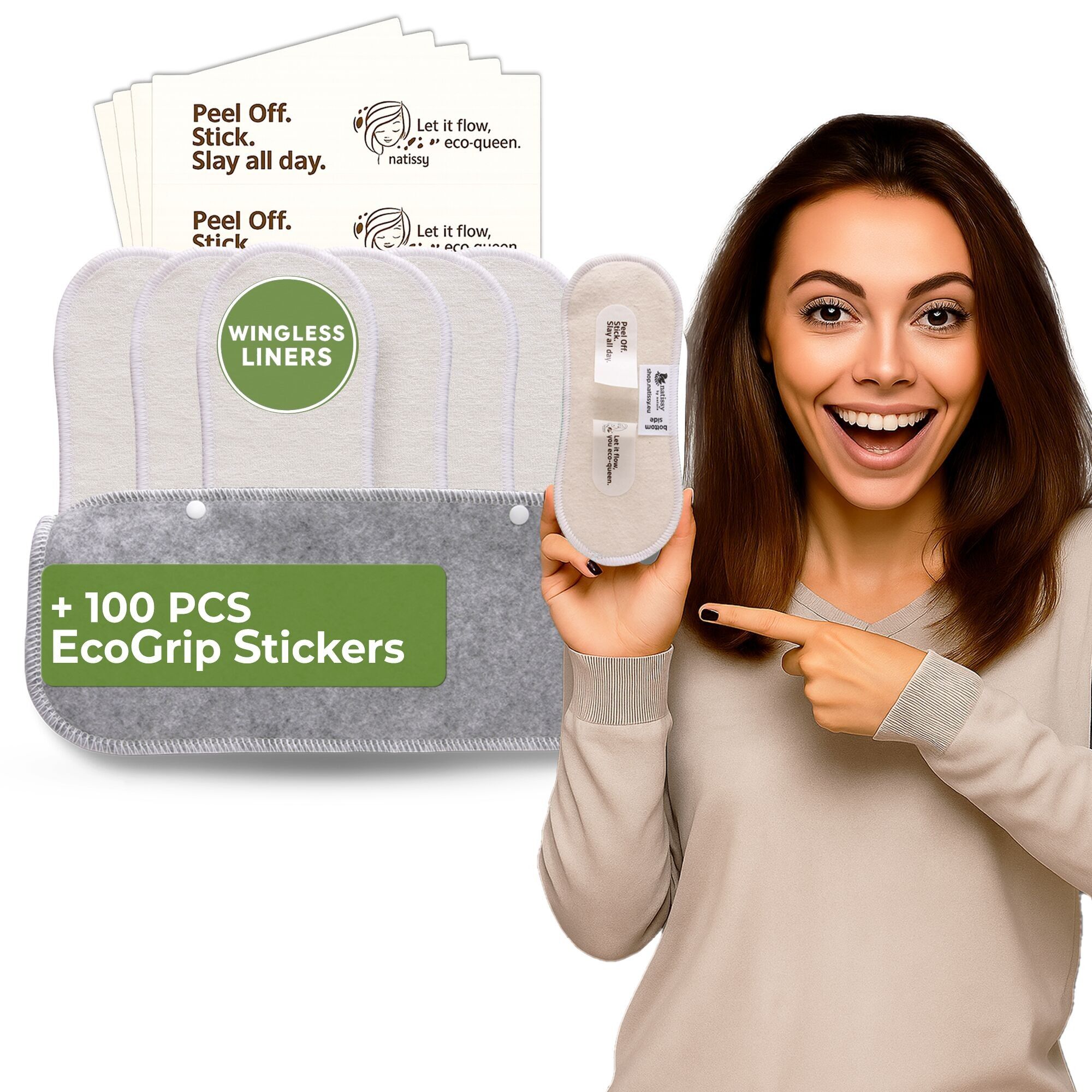 Wingless wiederverwendbare Slipeinlagen mit Klebeaufkleber (MITTEL, 7er-Pack) – Bambus