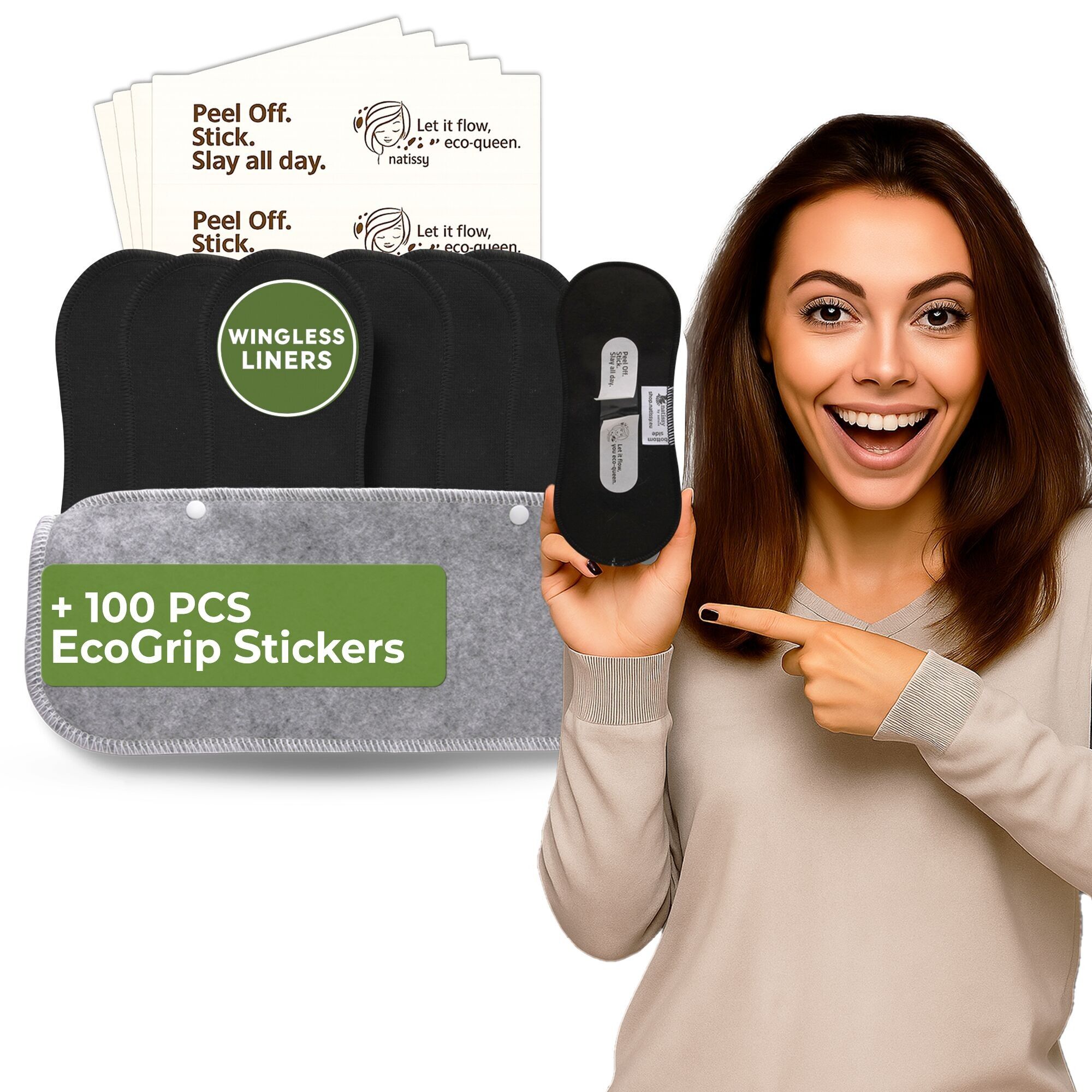 Wingless wiederverwendbare Slipeinlagen mit Klebeaufkleber (MITTEL, 7er-Pack) – schlichtes Schwarz