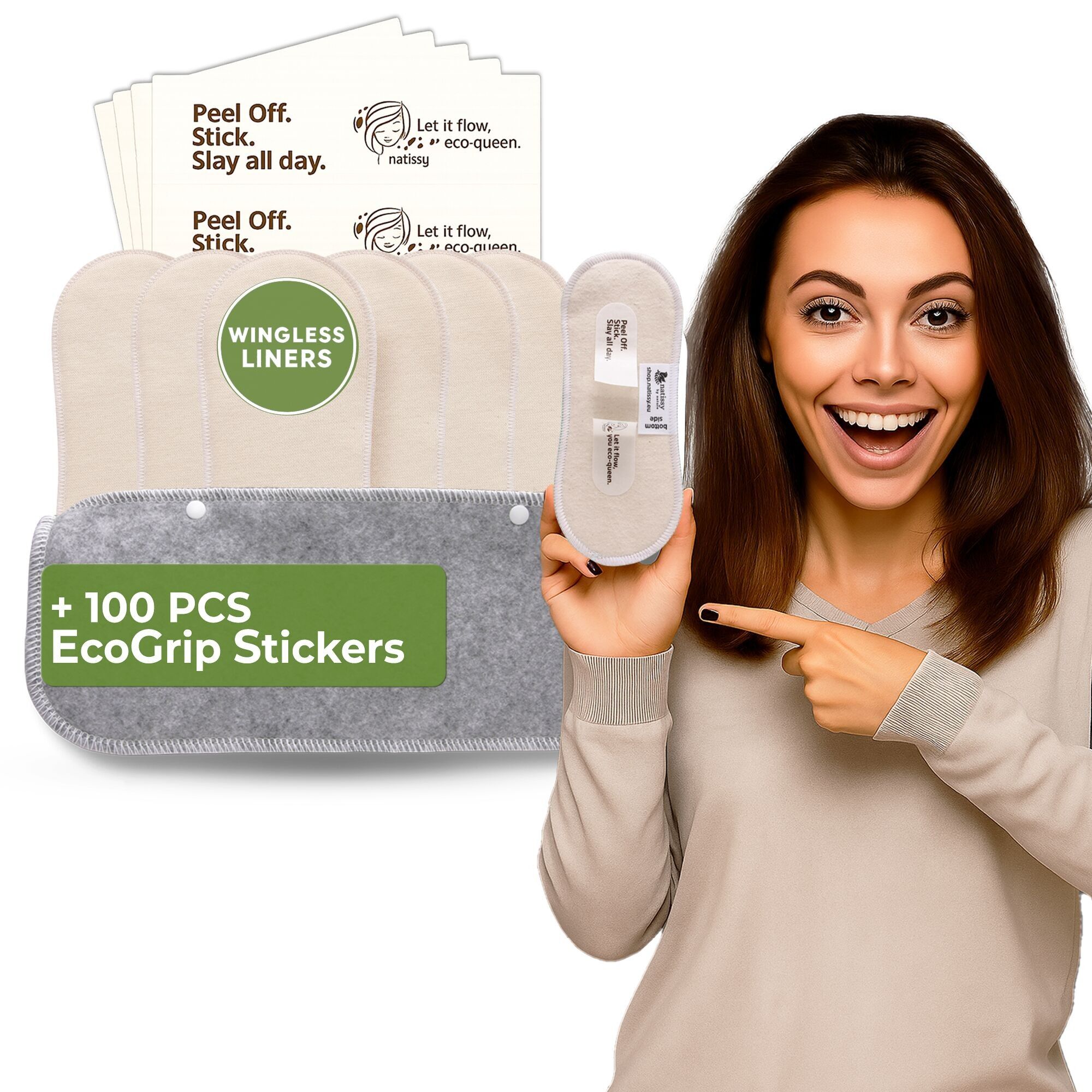 Wingless wiederverwendbare Slipeinlagen mit Klebeaufkleber (MITTEL, 7er-Pack) – natürlich, ungebleicht