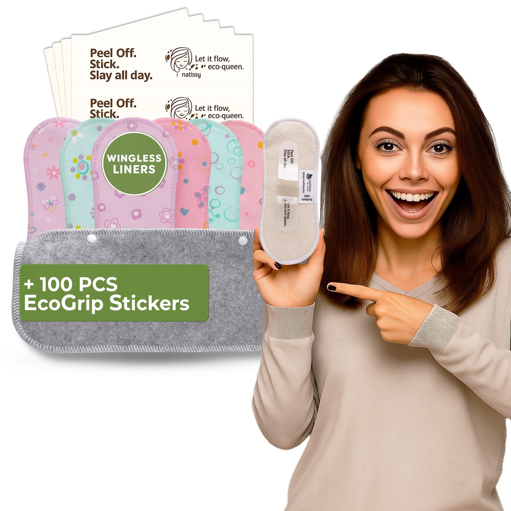 Wingless wiederverwendbare Slipeinlagen mit Klebeaufkleber (MITTEL, 7er-Pack) - Pastell