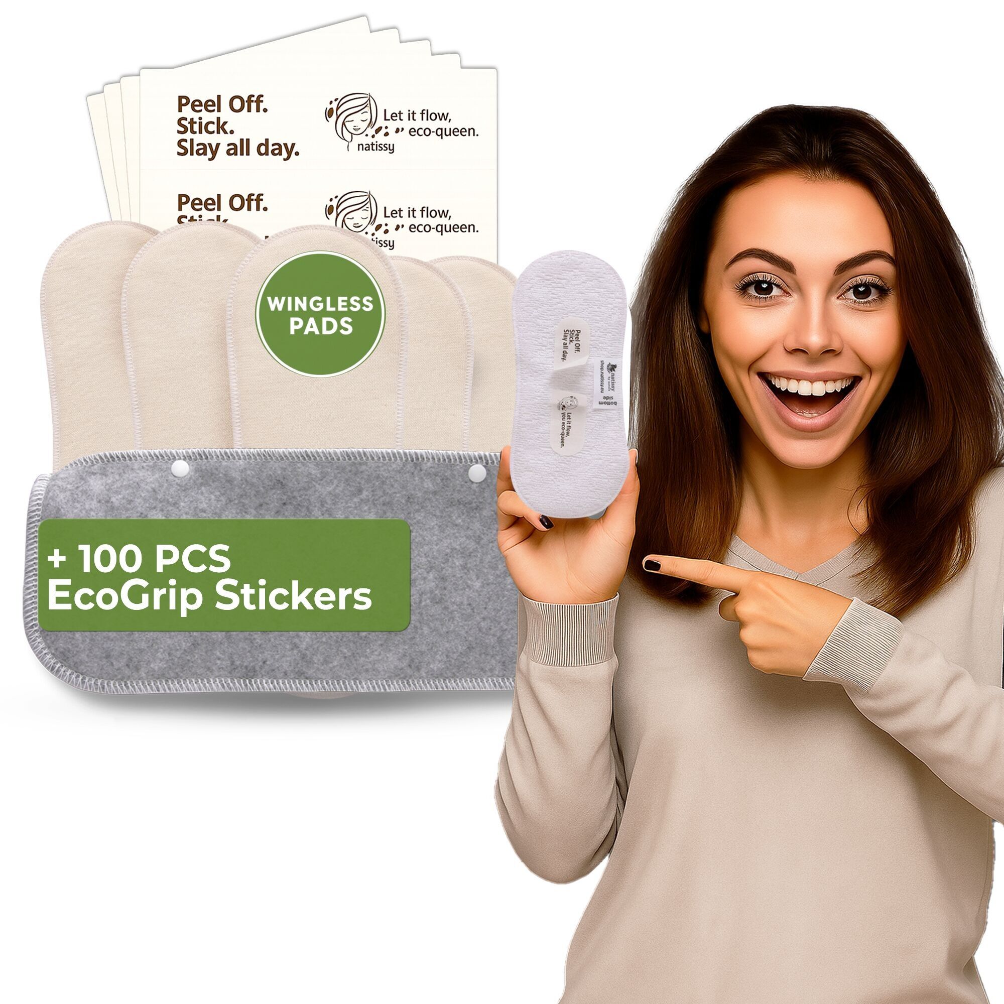 Wiederverwendbare Damenbinden ohne Flügel mit Klebeaufkleber für leichte Blutungen (S+M, 6er-Pack) – natürlich, ungebleicht