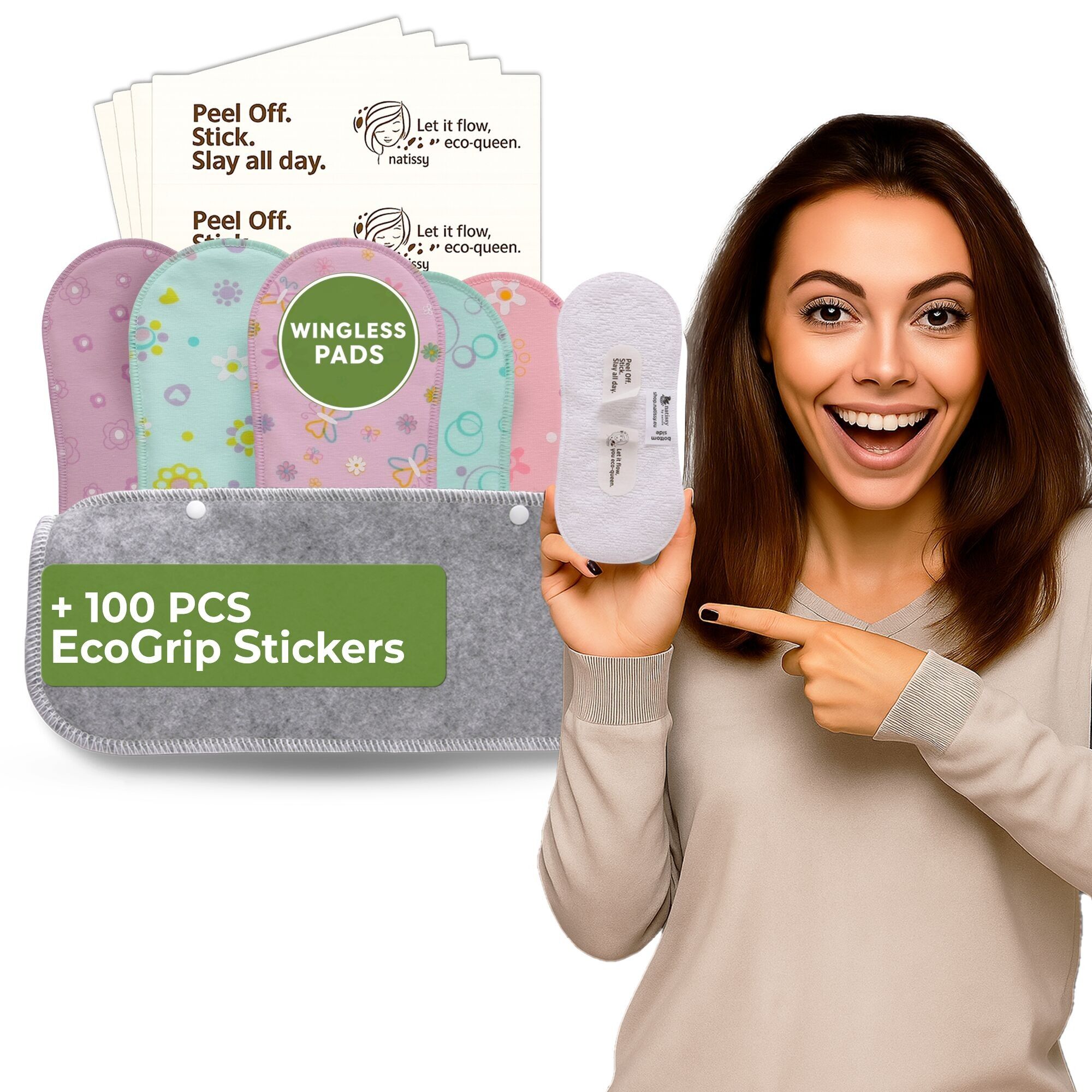 Wingless Wiederverwendbare Damenbinden mit Klebeaufkleber für leichte Blutungen (S+M, 6er-Pack) - Pastell