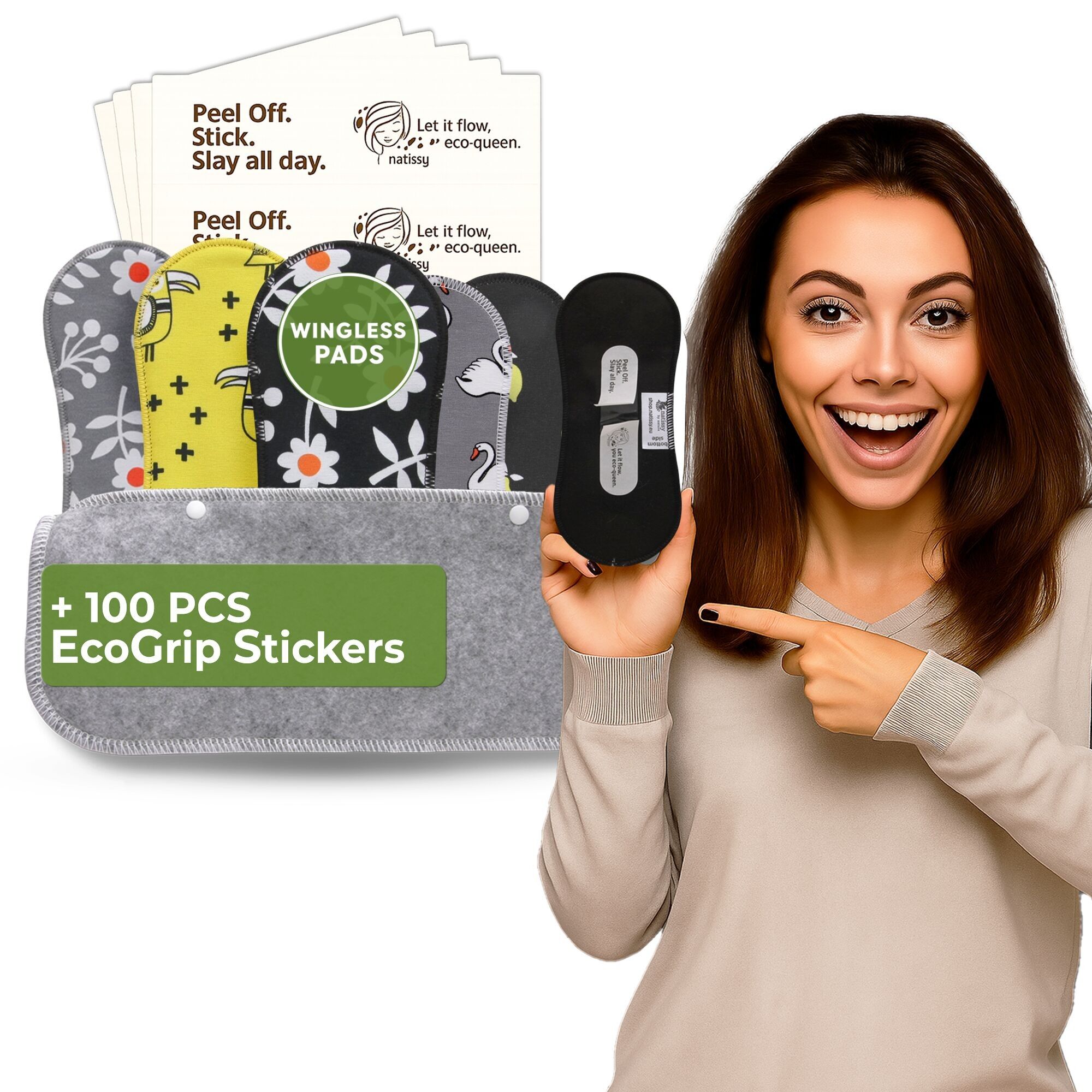 Wingless Wiederverwendbare Damenbinden mit Klebeaufkleber für leichte Blutungen (S+M, 6er-Pack) - Zitrone