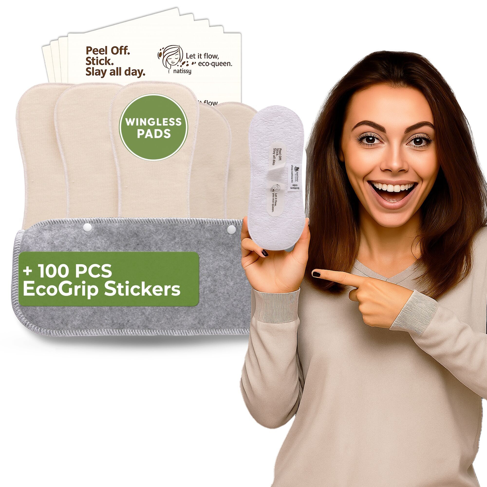 Wiederverwendbare Damenbinden ohne Flügel mit Klebeaufkleber für starke Blutung und Inkontinenz (L+XL, 6er-Pack) – natürlich, ungebleicht