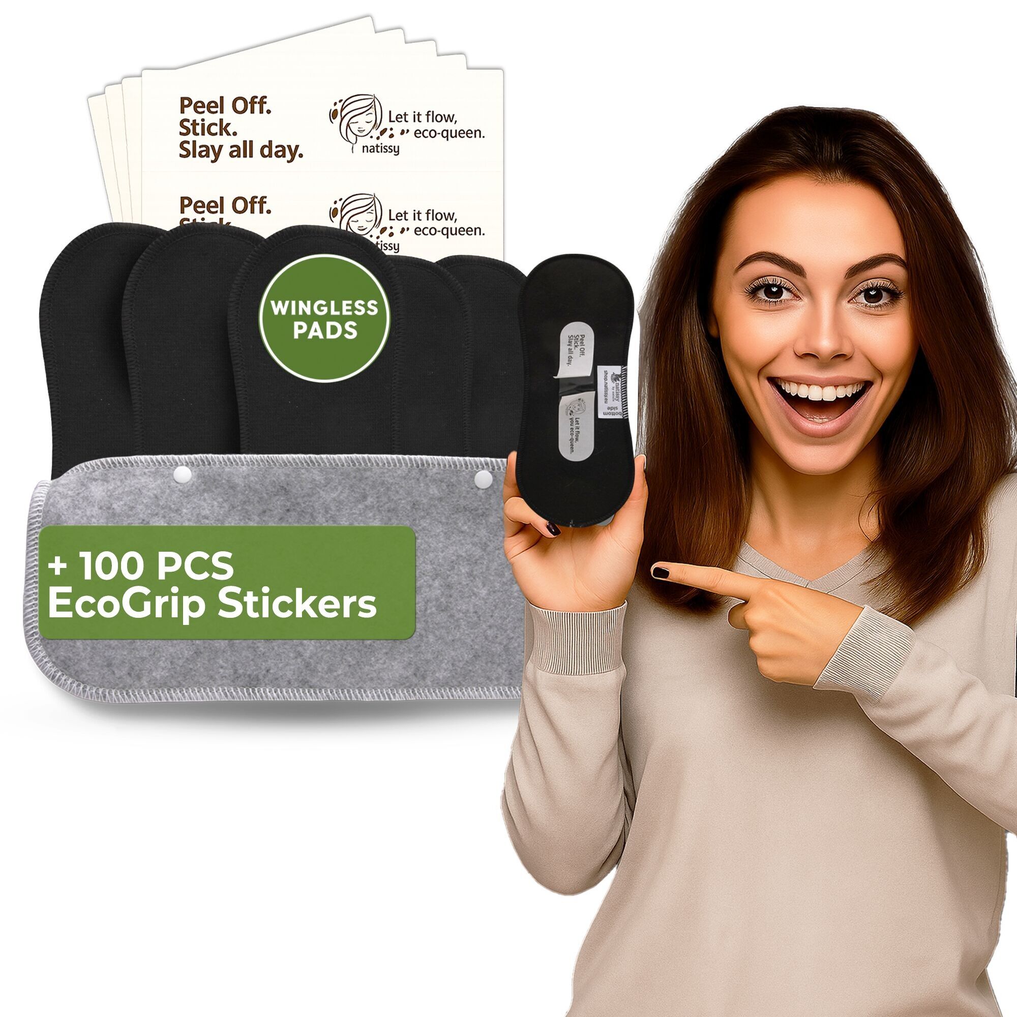 Wiederverwendbare Damenbinden ohne Flügel mit Klebeaufkleber für starke Blutung und Inkontinenz (L+XL, 6er-Pack) – schlichtes Schwarz